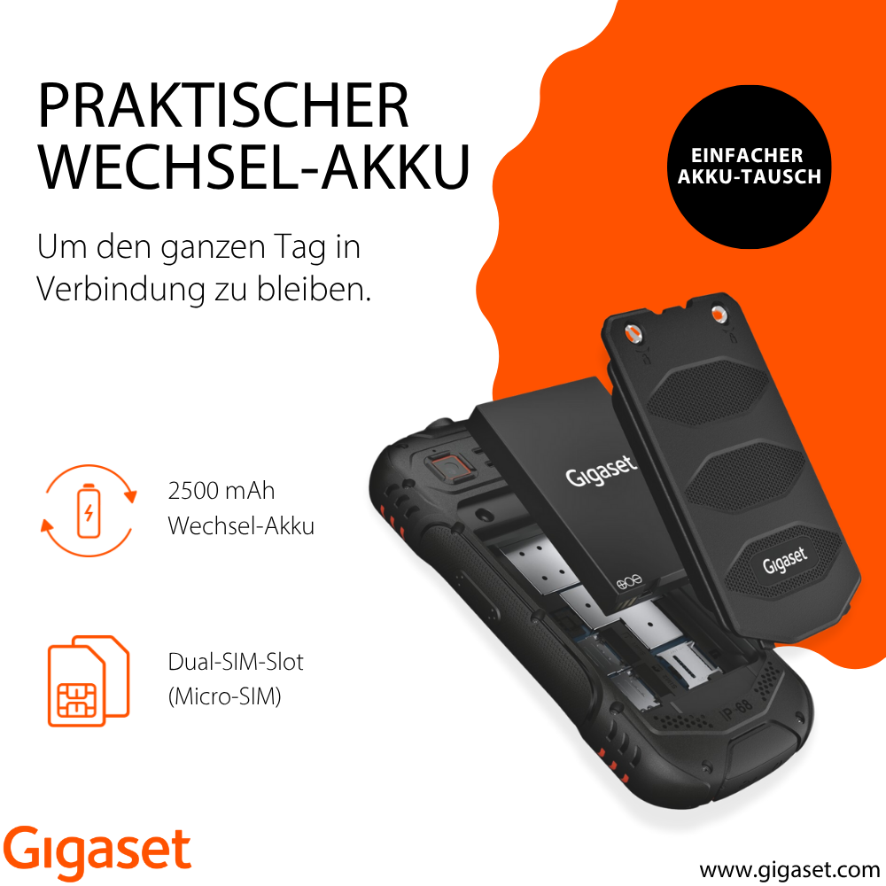 Telefono Gigaset nero con batteria sostituibile. Accenti e testo arancioni. Lo sfondo è nero e arancione.