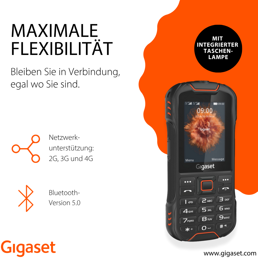 Un telefono Gigaset con corpo nero e dettagli arancioni. Lo schermo mostra l'ora e la data. Sono presenti simboli Bluetooth e condivisione.