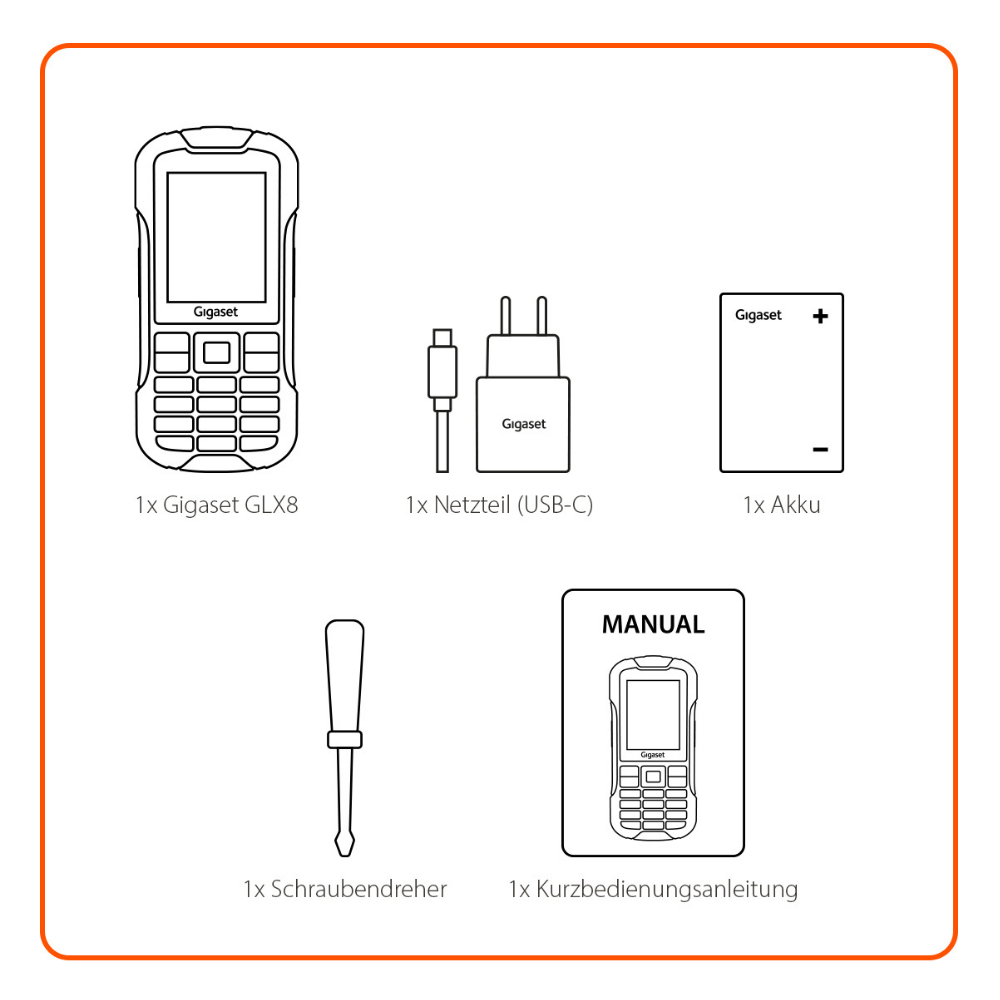 Diagramma del telefono Gigaset GLX8, caricabatterie, batteria, cacciavite e manuale. Tutti gli elementi sono delineati in nero su sfondo bianco.