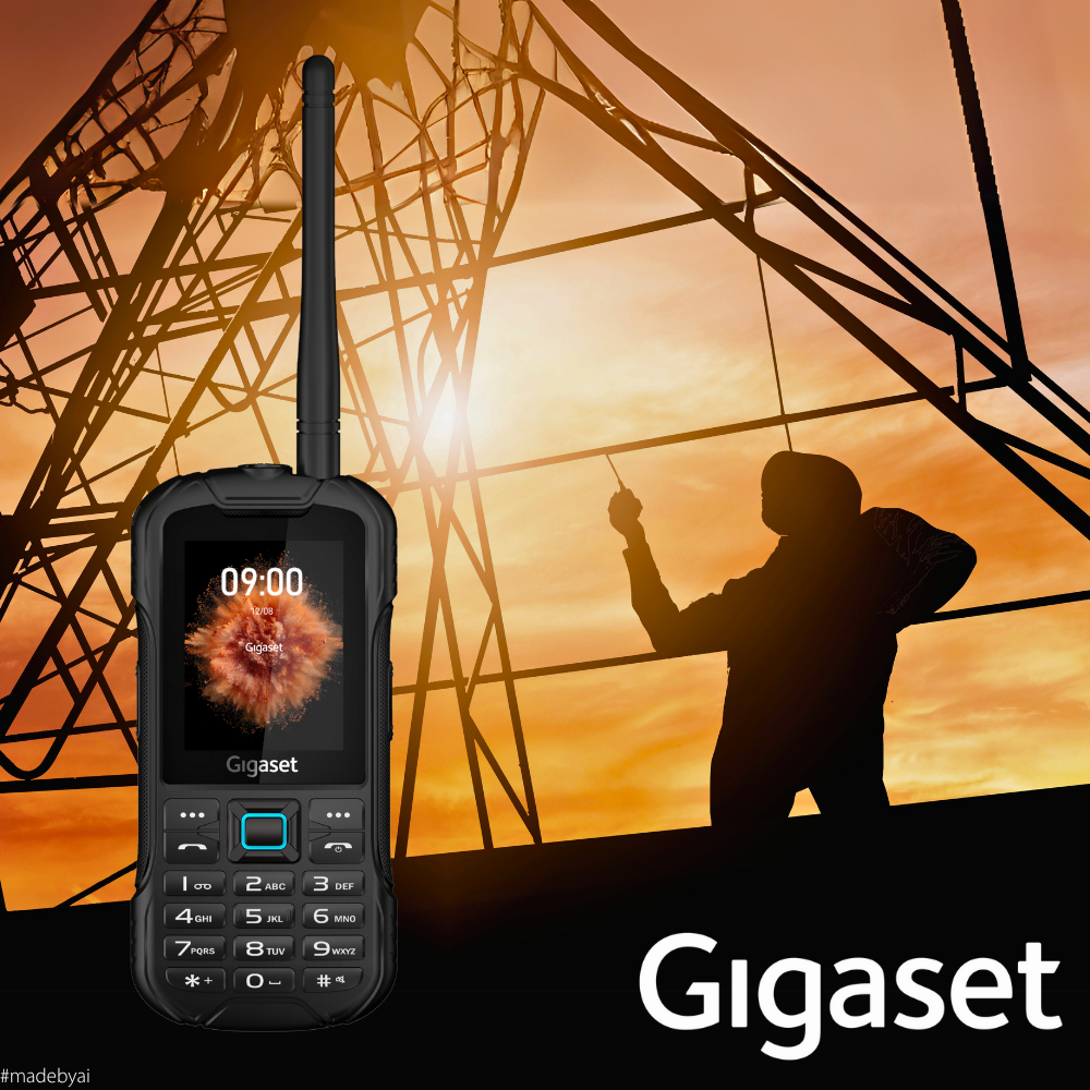 Schwarzes Gigaset-Telefon mit Antenne. Silhouette einer Person und Industriestruktur vor Sonnenuntergang. Gigaset-Logo unten.