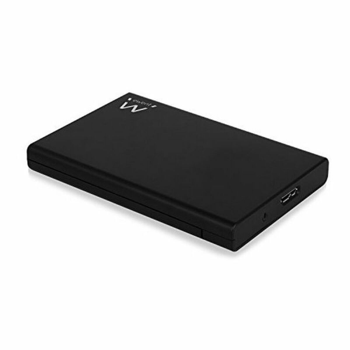 Un disco rigido esterno nero con un logo è su una superficie bianca. Ha una porta USB.