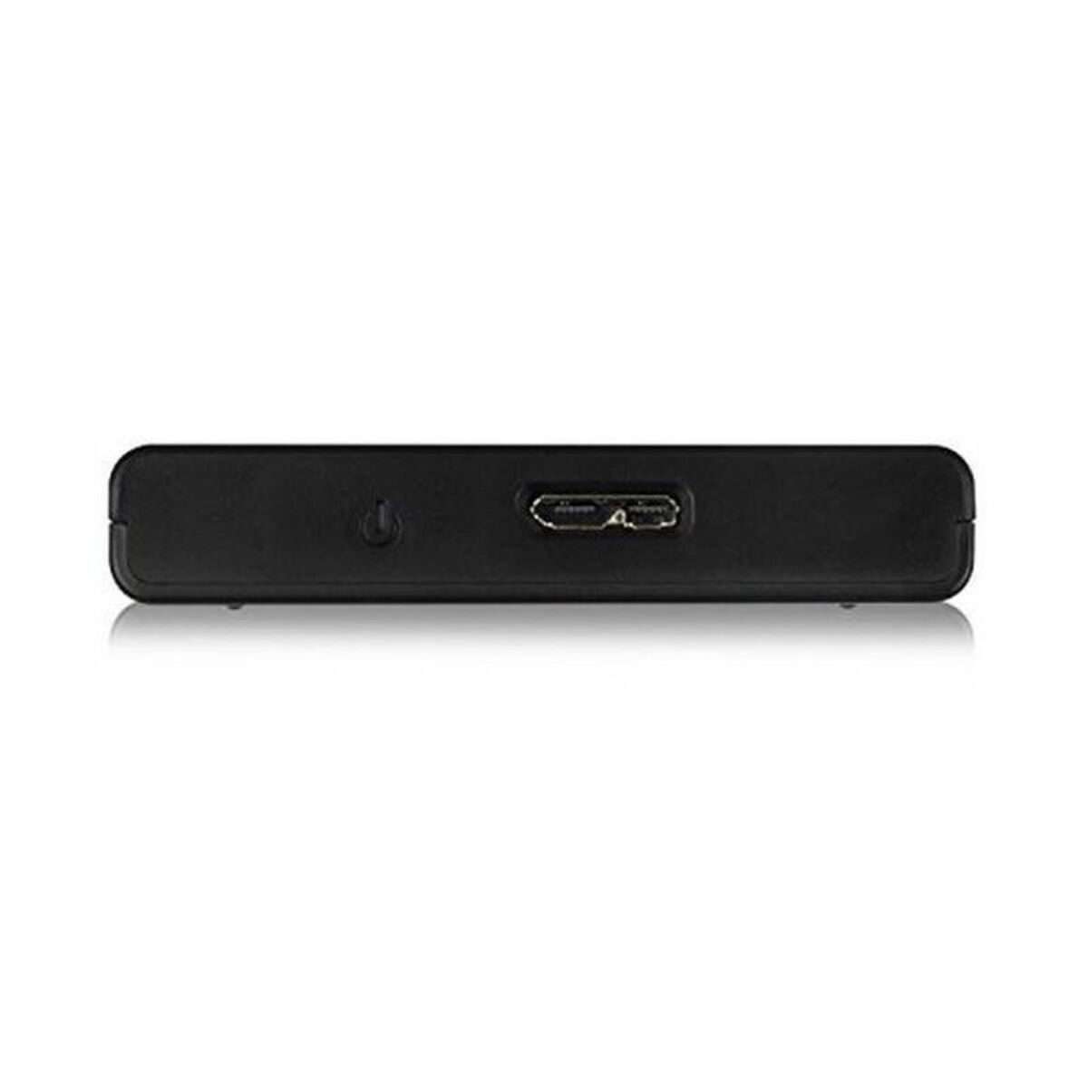 Primo piano di un dispositivo rettangolare nero, con pulsante di accensione e porta USB, su sfondo bianco.