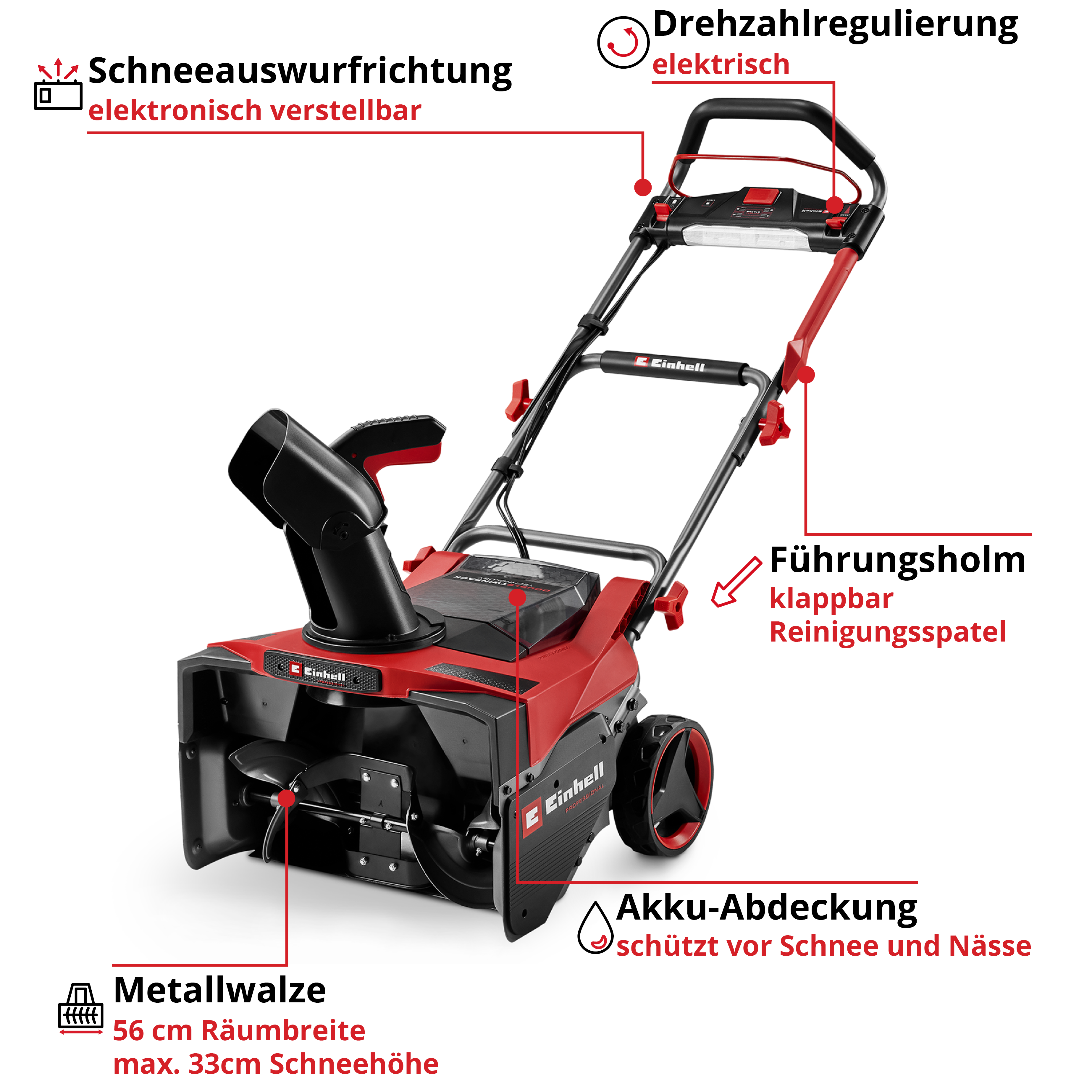 Schneefräse mit rotem und schwarzem Design. Sie hat eine einstellbare elektronische Schneeaustragungsrichtung und Geschwindigkeitsregelung.
