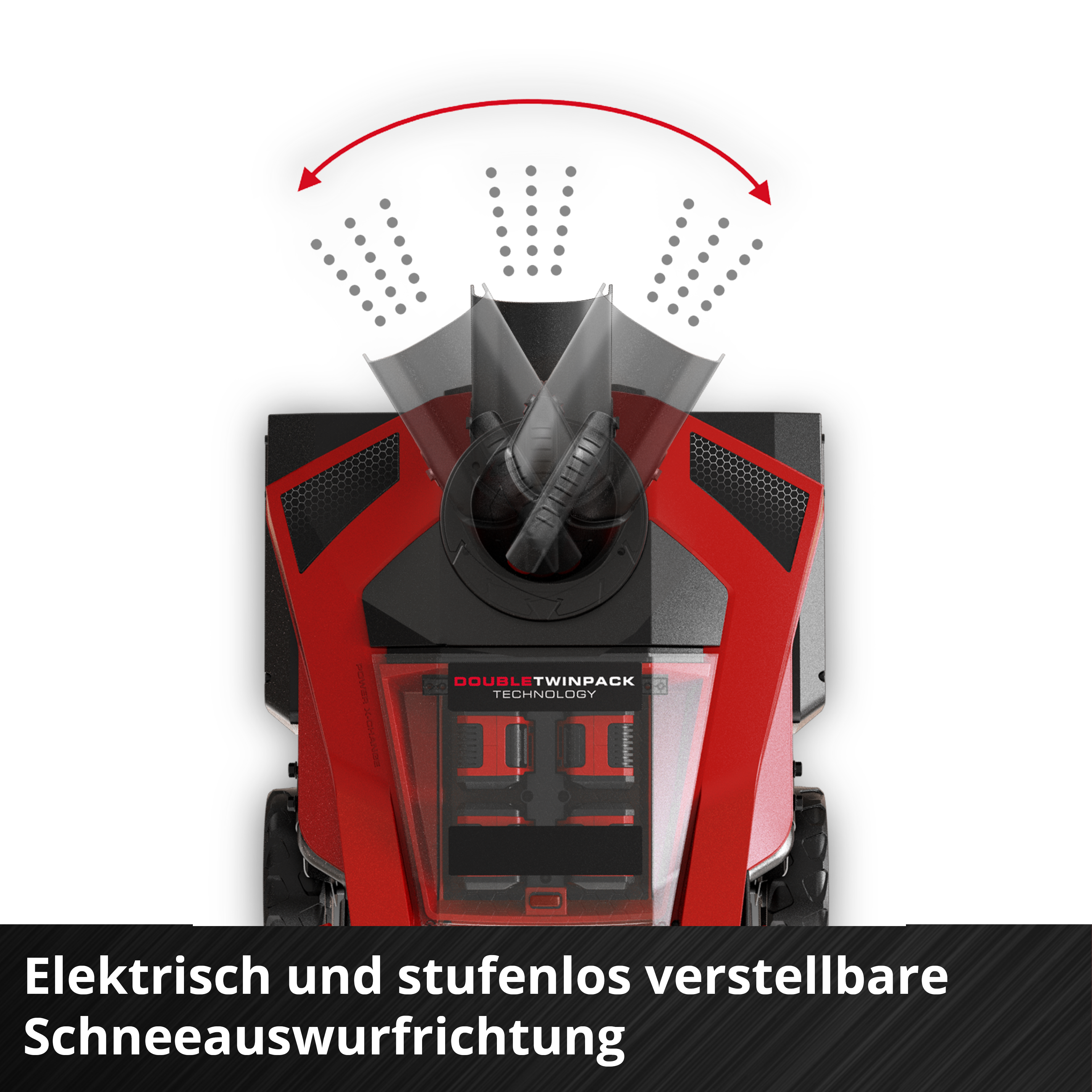 Rote und schwarze Schneefräse mit einstellbarer Richtung. Die Abbildung zeigt Schneepartikel und einen gebogenen roten Pfeil.