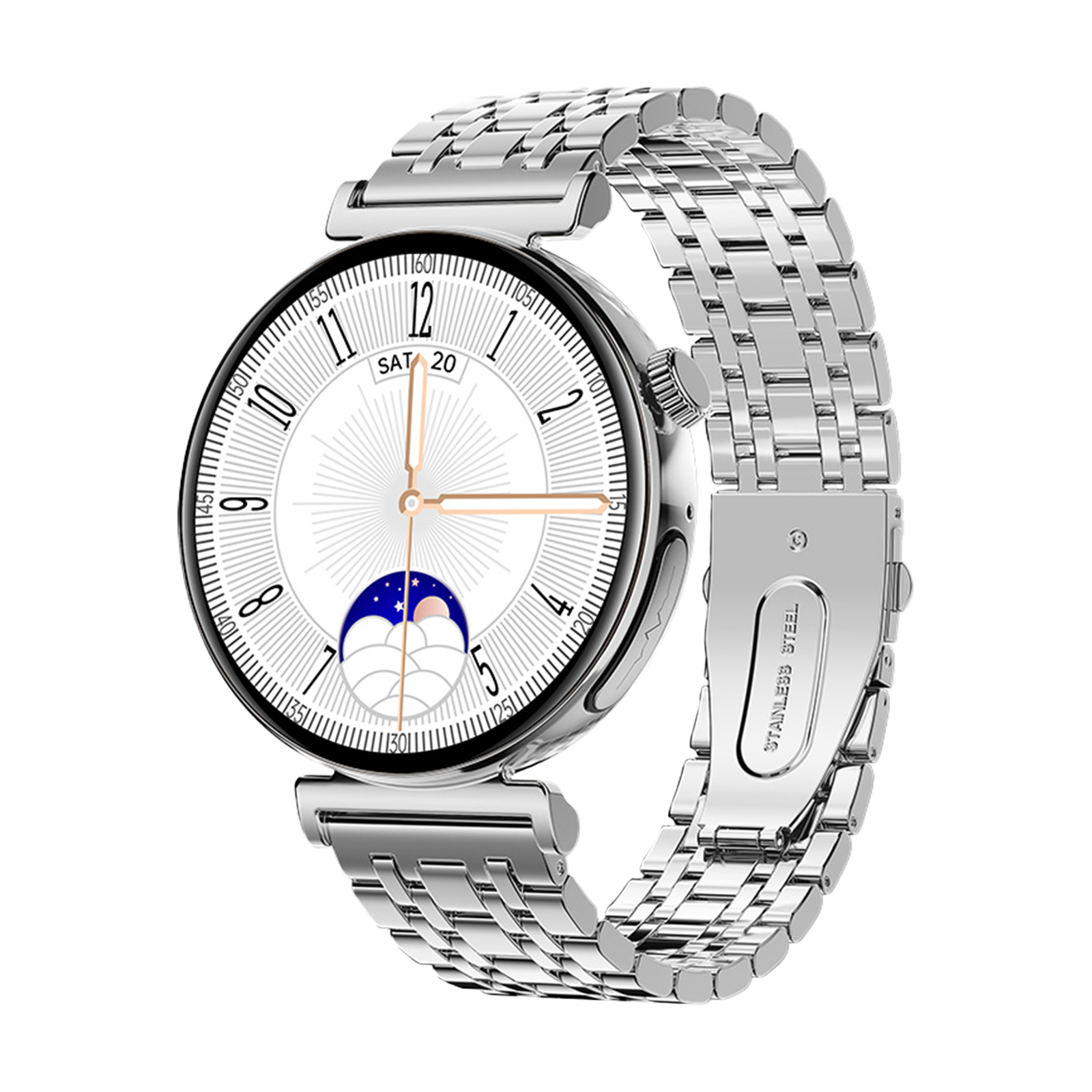 Silberne Smartwatch mit weißem Zifferblatt, goldenen Zeigern und Metallarmband. Tag und Datum sichtbar.