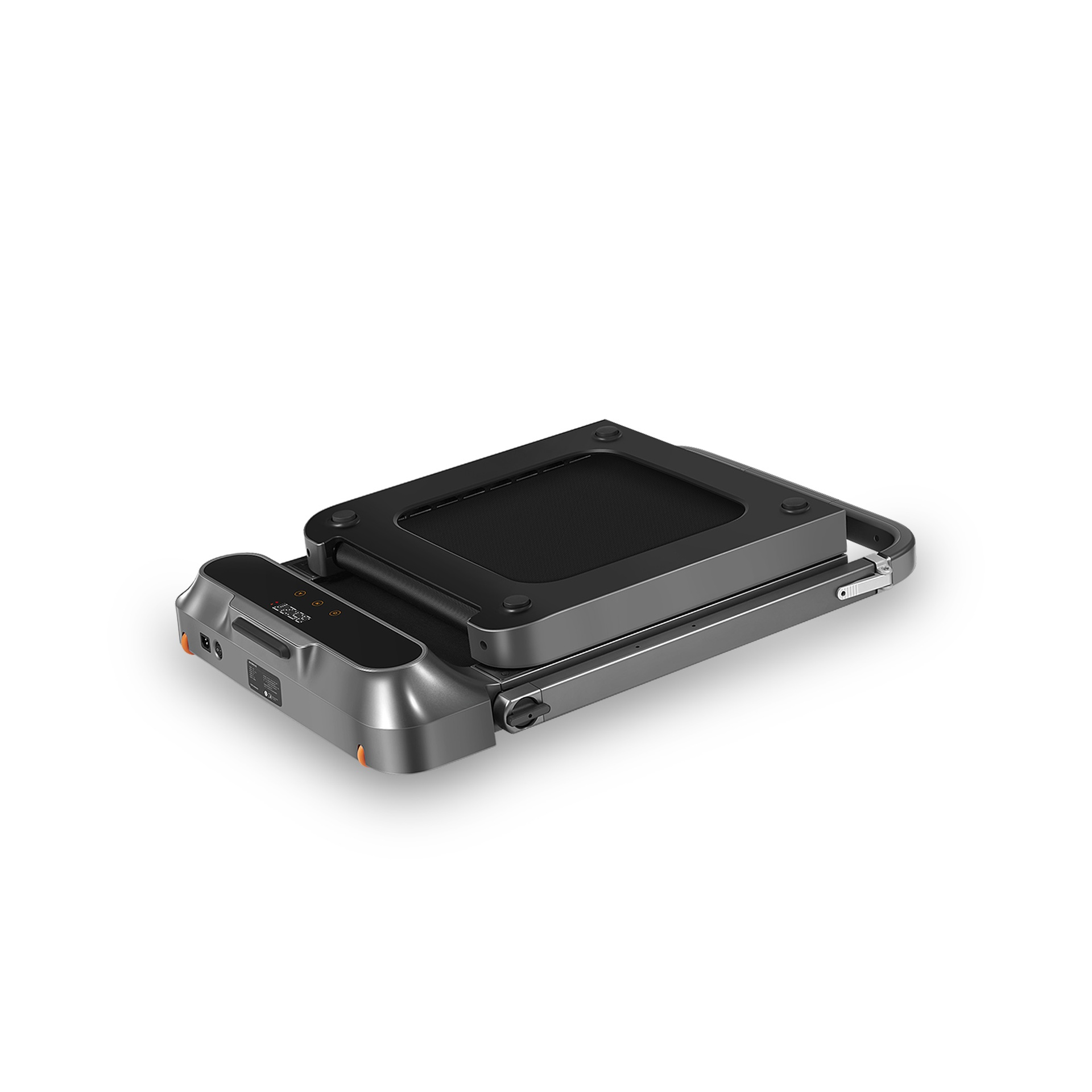 Złożona szara bieżnia na białej powierzchni. Ma czarny pas do biegania i pomarańczowy akcent.