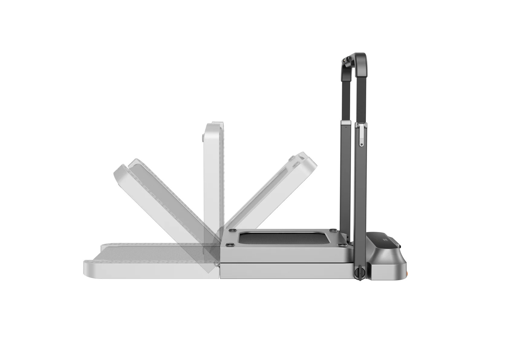 Biała i szara składana bieżnia na białym tle. Bieżnia ma czarną powierzchnię do biegania i szary uchwyt.