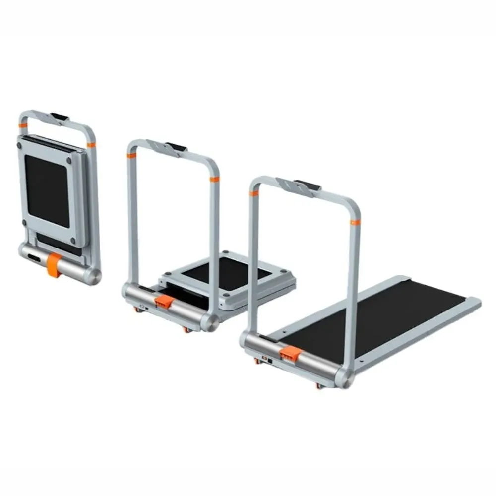 Pokazano trzy bieżnie. Jedna jest złożona, jedna częściowo otwarta, a jedna całkowicie otwarta. Są szare, czarne i pomarańczowe.