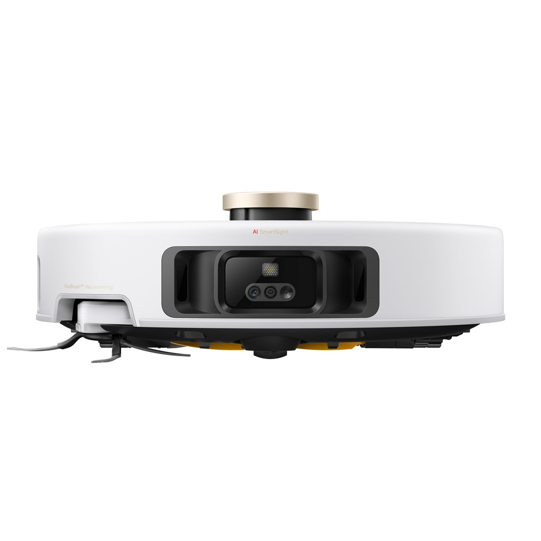 Biało-czarny robot sprzątający. Posiada kamerę i złotą górę. Widoczne są słowa 'AI SmartSight'.