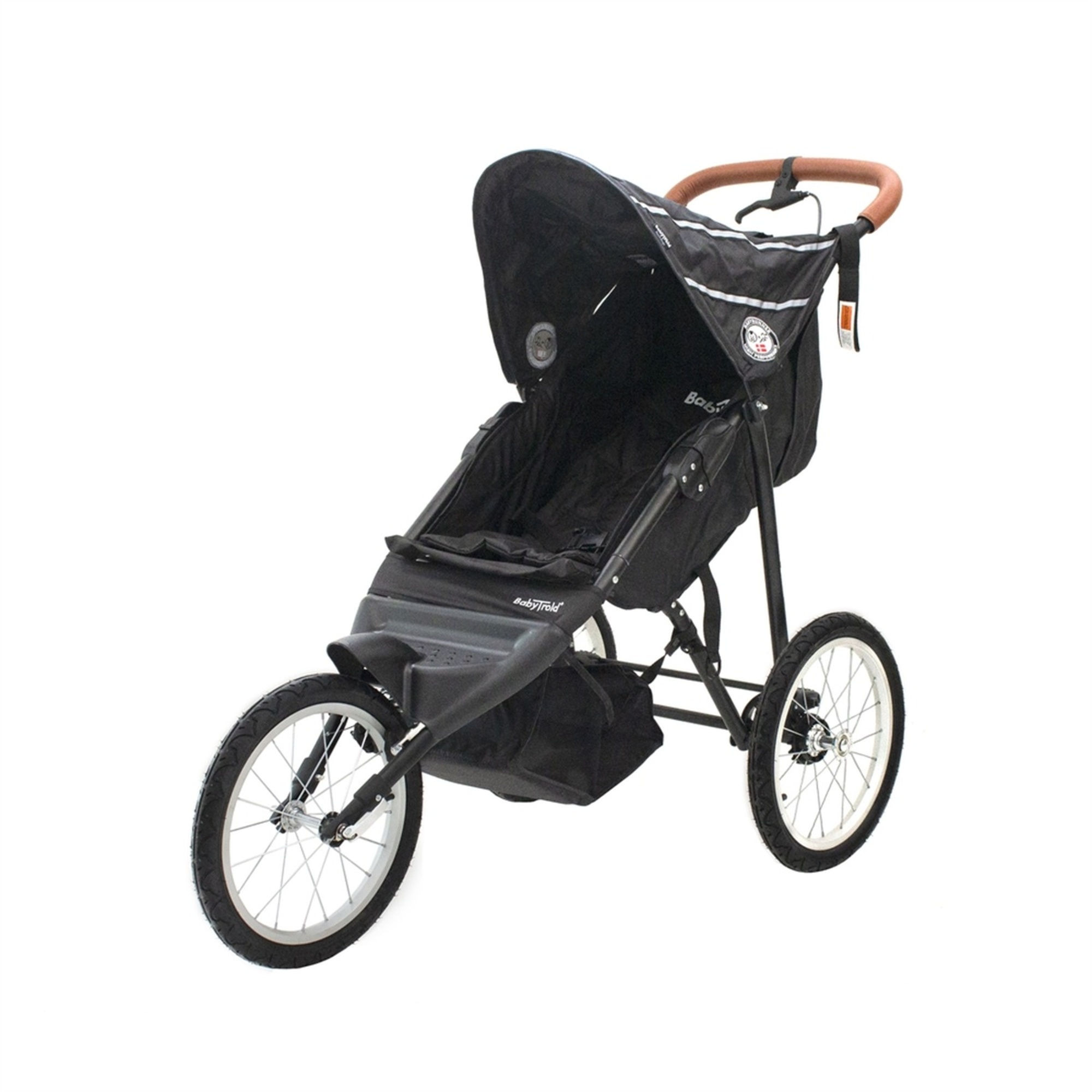 Schwarzer Jogging-Kinderwagen mit weiß umrandeten Rädern und braunem Griff. Er hat ein schwarzes Verdeck und einen Aufbewahrungskorb.