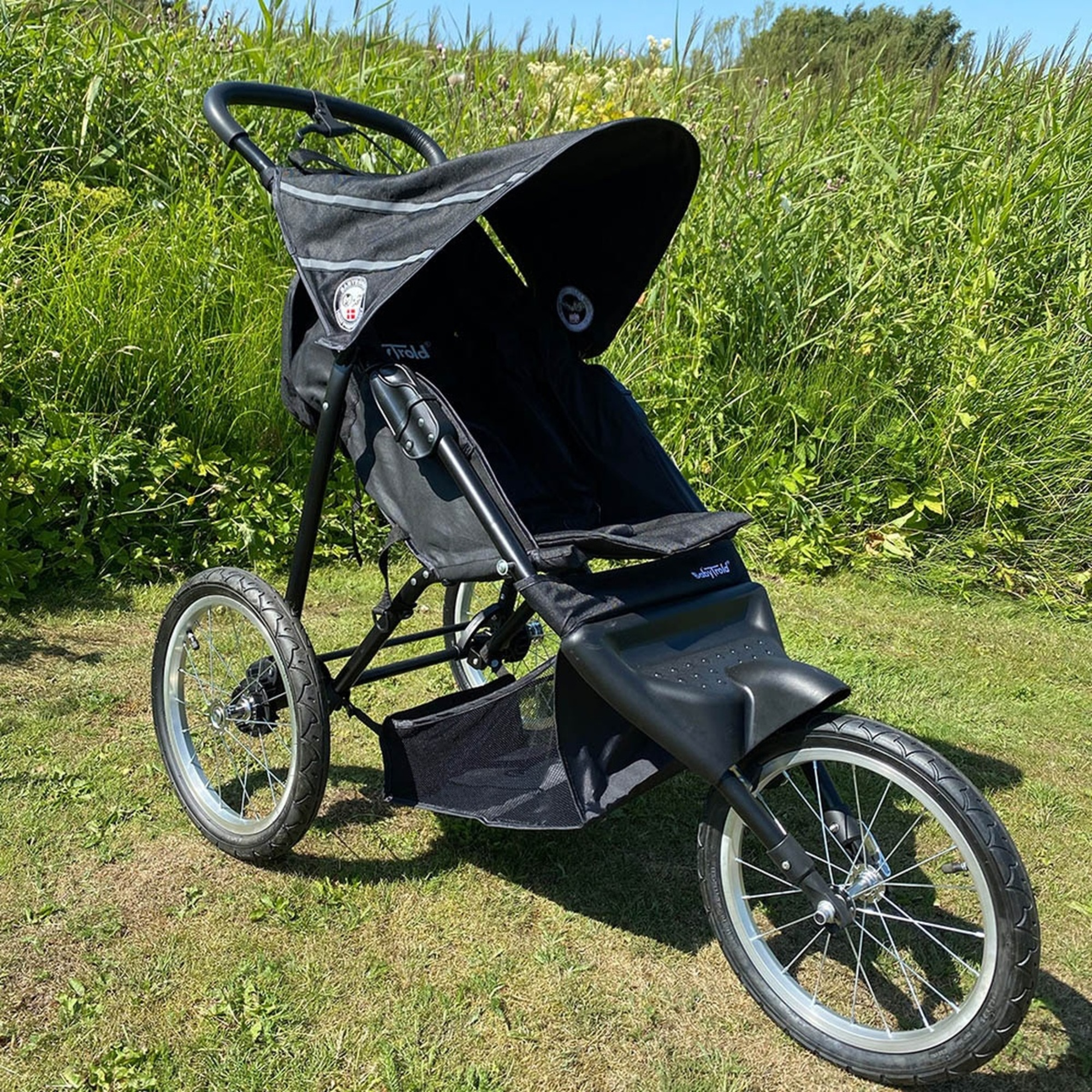 Ein schwarzer Jogging-Kinderwagen mit drei Rädern steht auf einer Wiese. Der Himmel ist blau und es gibt grüne Vegetation.