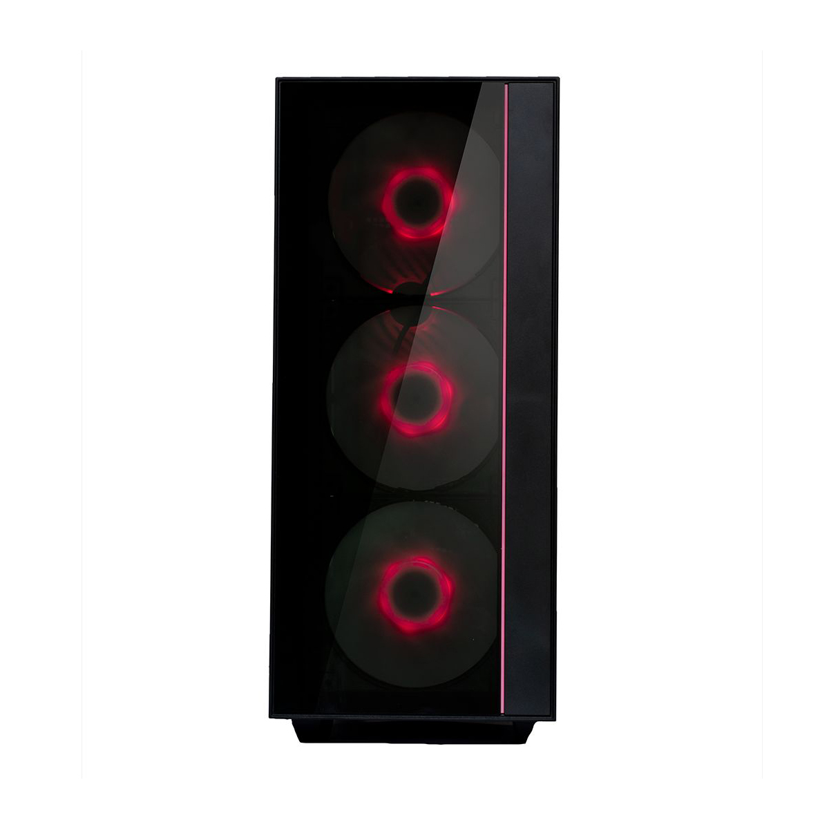Zwarte computerkast met drie rood verlichte ventilatoren. Roze verticale lijn rechts. Glazen voorpaneel. Witte achtergrond.
