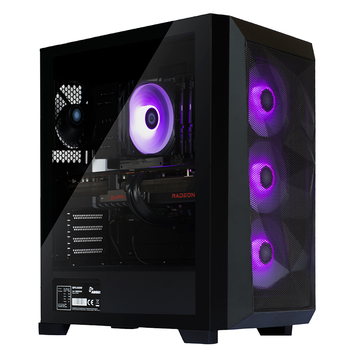 Een zwarte computerkast met een glazen zijpaneel. Het heeft paars verlichte ventilatoren en een Radeon grafische kaart.