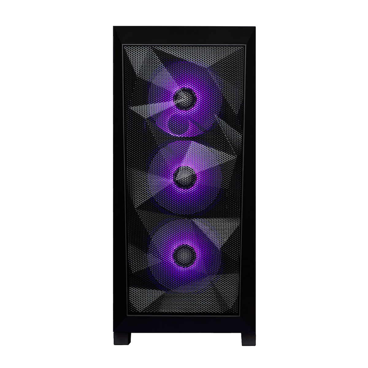 Een zwarte computerkast met drie paars verlichte ventilatoren zichtbaar achter een gaas voorpaneel. De kast staat op een witte achtergrond.