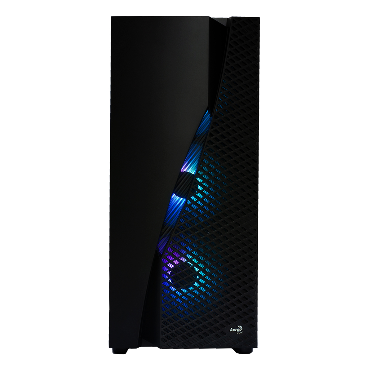 Zwarte computerkast met blauwe en paarse LED-verlichting. De voorkant heeft een gaasontwerp. AeroCool-logo onderaan.