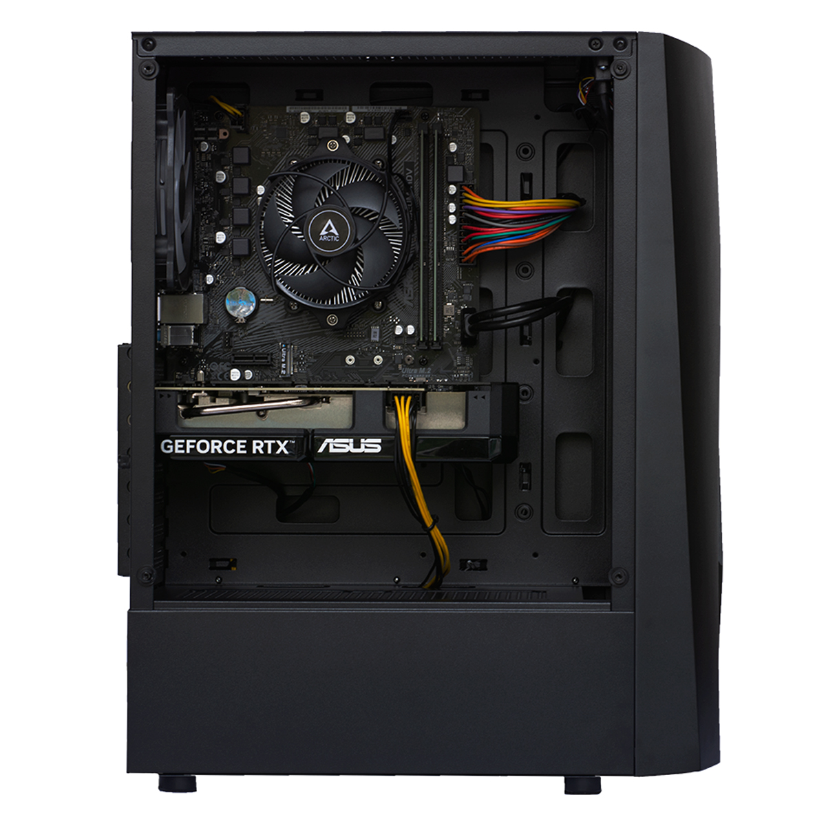 Open computerkast met zichtbare componenten, waaronder een CPU-koeler, grafische kaart en moederbord. Kabels zijn netjes gerangschikt.