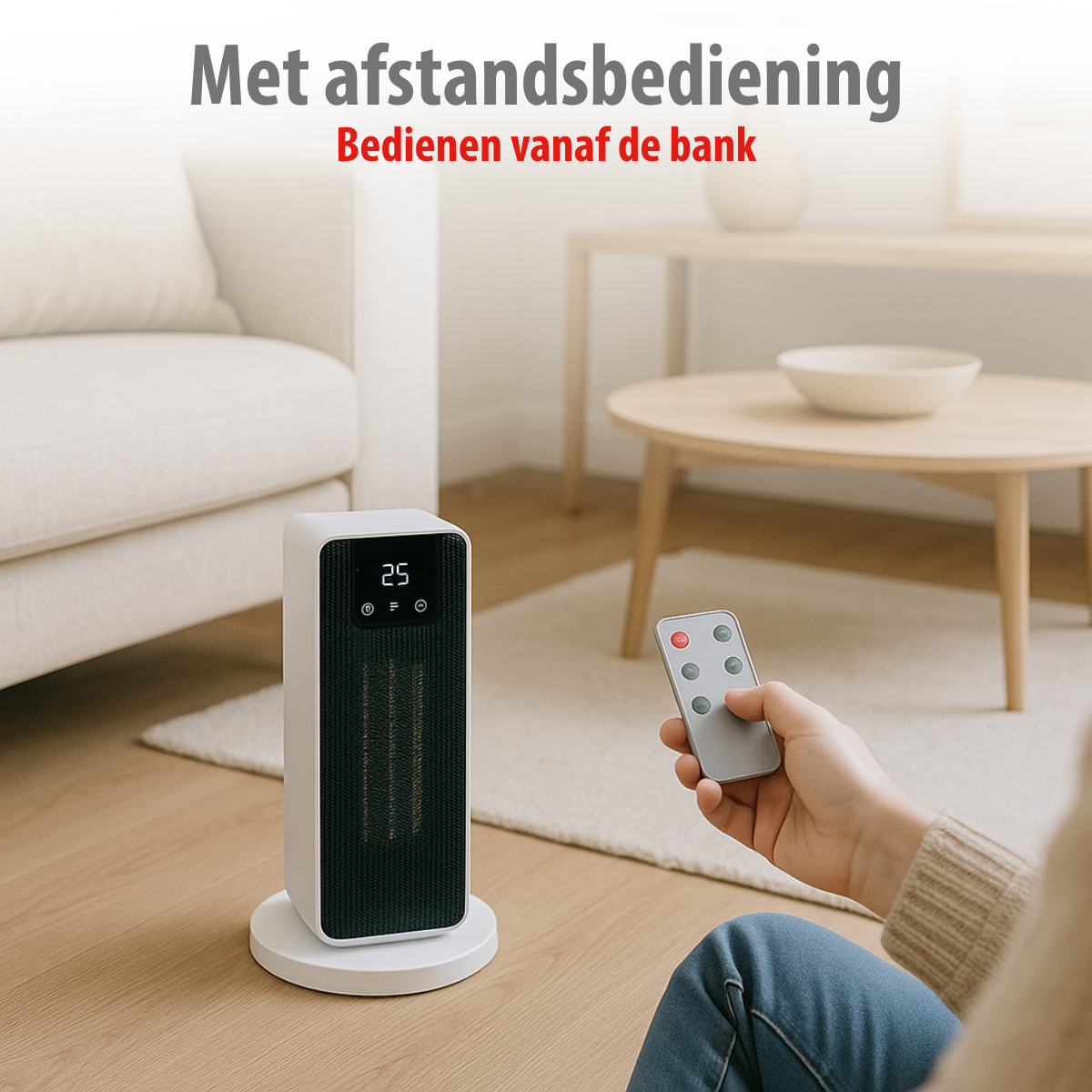 Een persoon gebruikt een afstandsbediening om een witte kachel te bedienen. De kachel staat op een houten vloer.