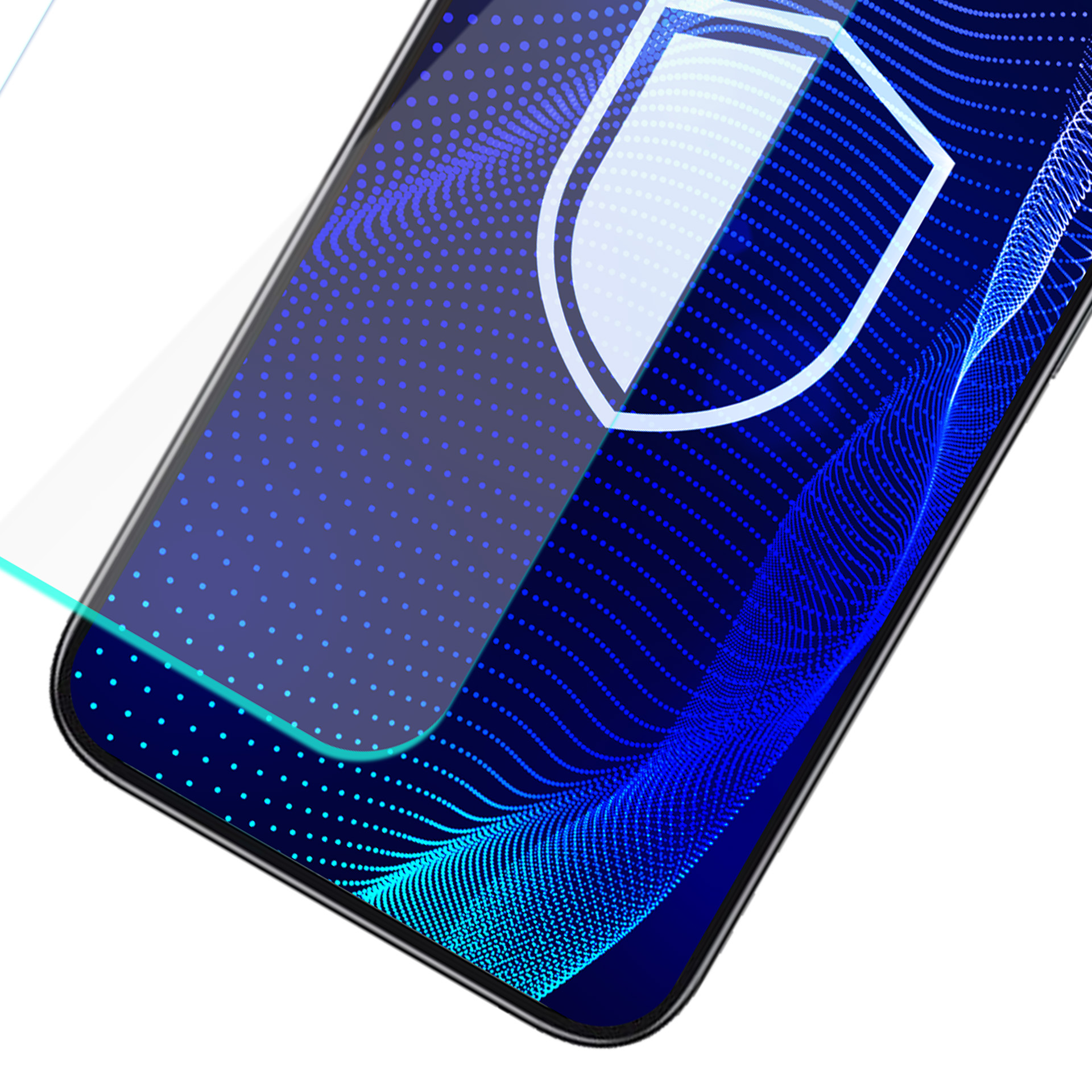Schermo di smartphone con sfondo sfumato blu e icona scudo bianca.