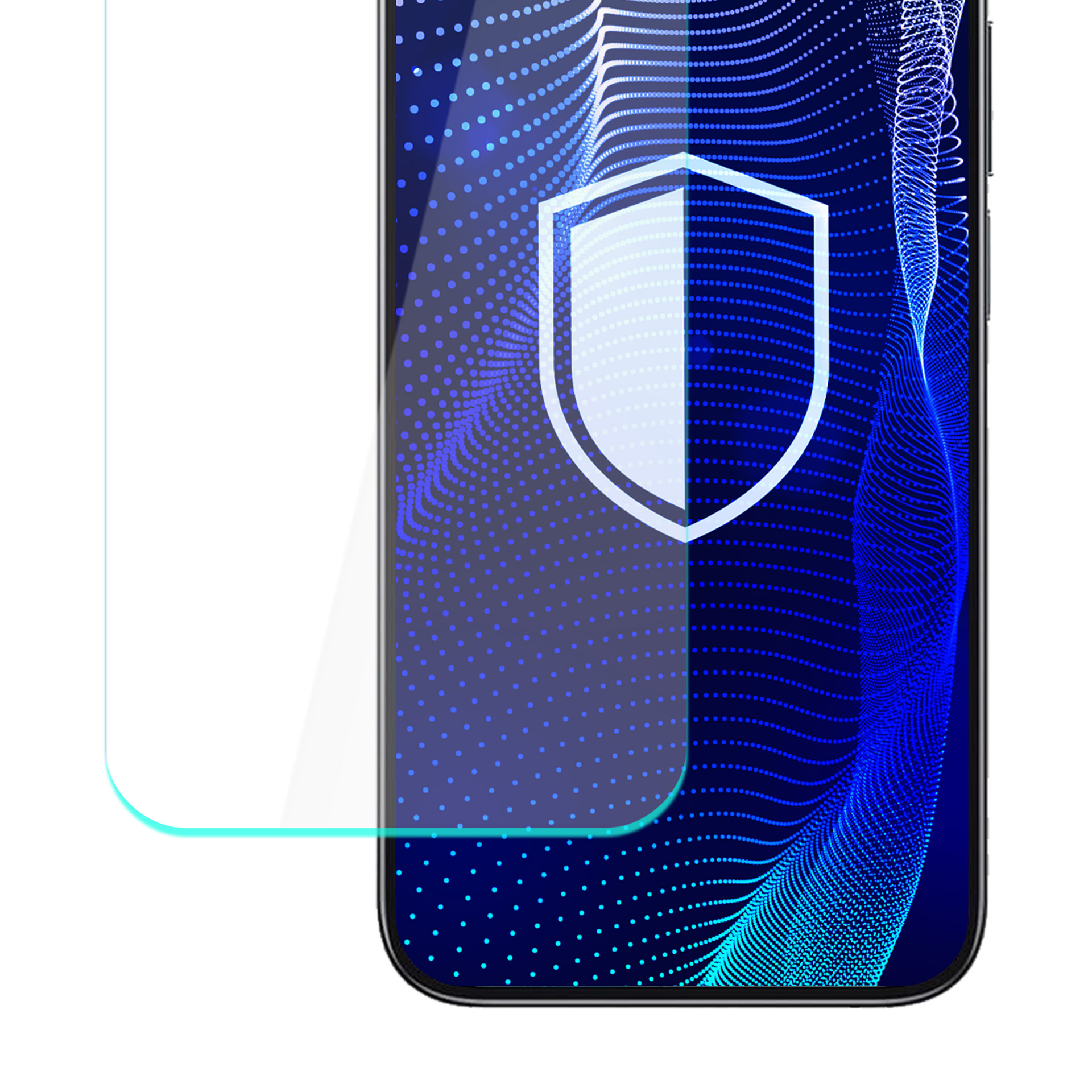 Un proteggi schermo per telefono con un'icona a scudo su uno sfondo a pois blu. Il proteggi schermo è trasparente.