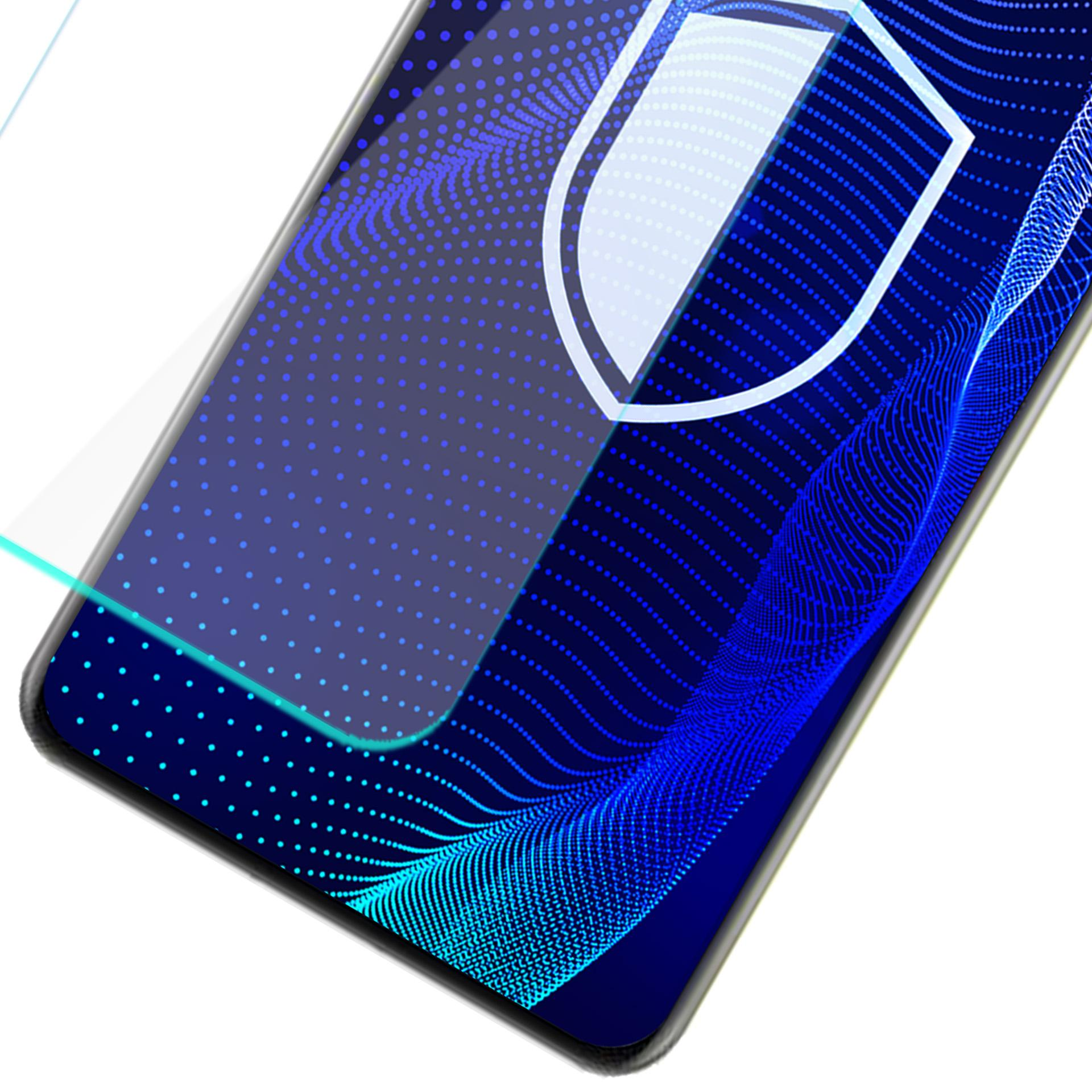 Schermo smartphone con motivo a punti blu, icona scudo bianco e strato protettivo.