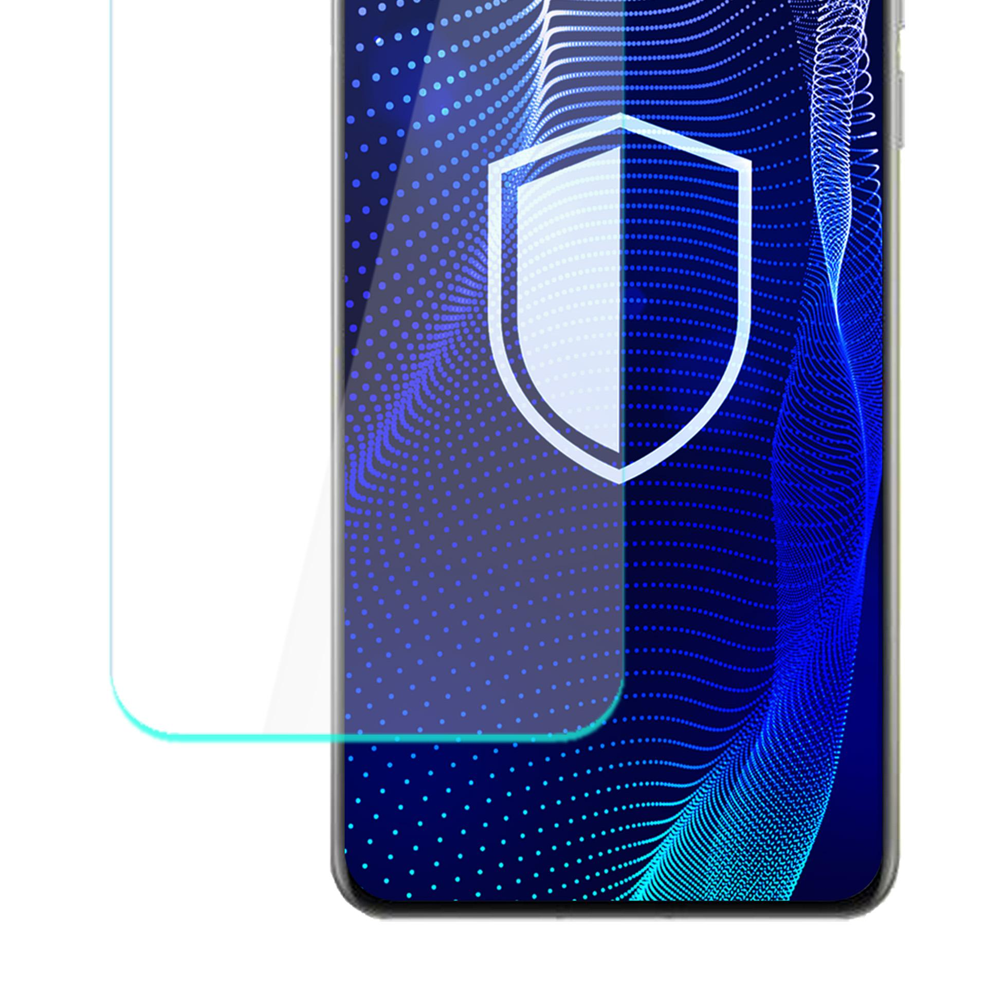 Uno schermo del telefono con una grafica a scudo protettivo. Un proteggi schermo è visibile a sinistra.