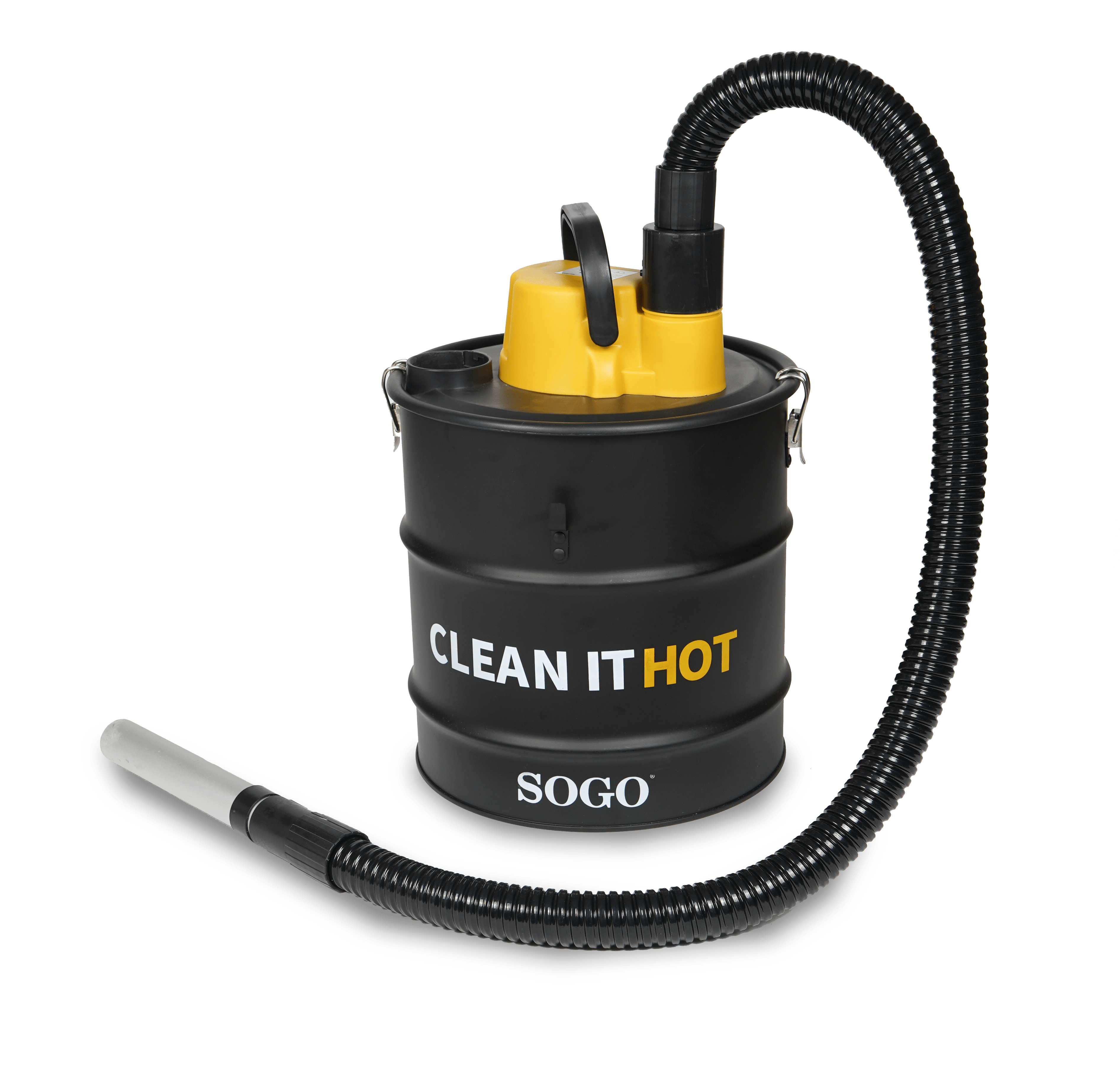 Aspiradora negra y amarilla con manguera flexible y boquilla. El texto en el cuerpo dice 'CLEAN IT HOT' y 'SOGO'.