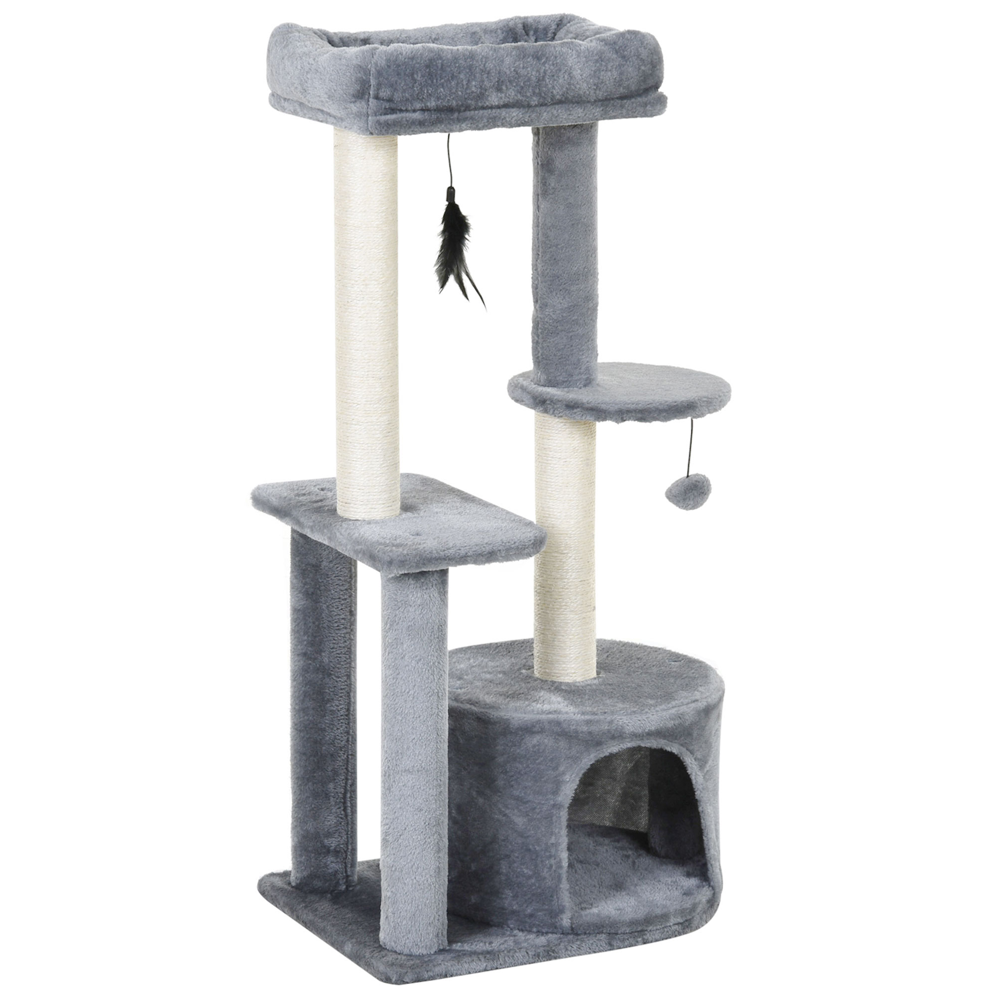 Un albero per gatti grigio con più livelli, pali, un nascondiglio e giocattoli appesi. È fatto di materiali morbidi.