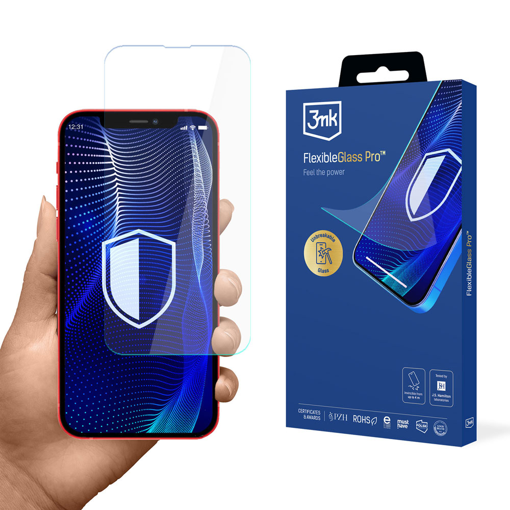 Una mano che tiene un telefono con una protezione per lo schermo accanto a una scatola blu con l'etichetta FlexibleGlass Pro.