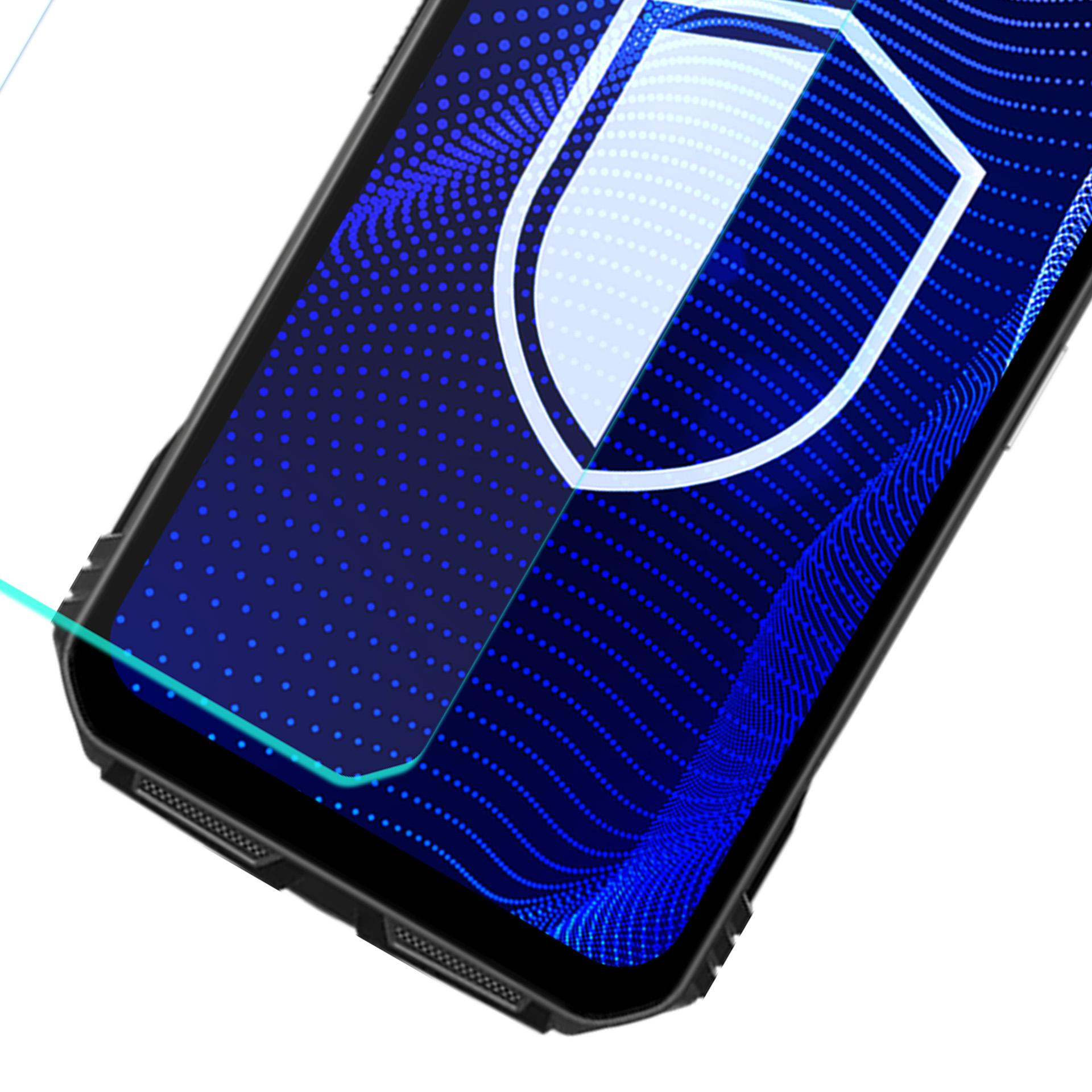 Ekran smartfona wyświetla niebieski wzór w kropki i białą ikonę tarczy. Telefon ma czarną ramkę.