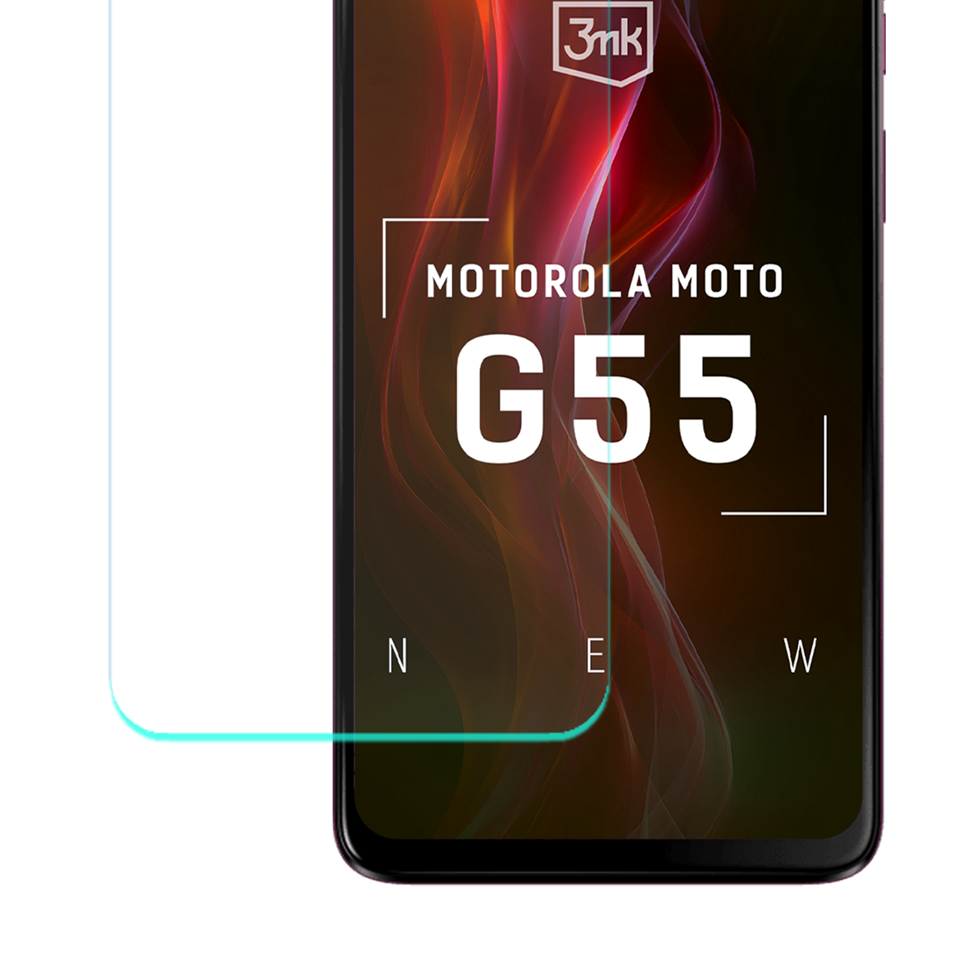 Proteggi schermo Motorola Moto G55. Telefono a destra, protezione a sinistra. Sfondo astratto rosso e viola.