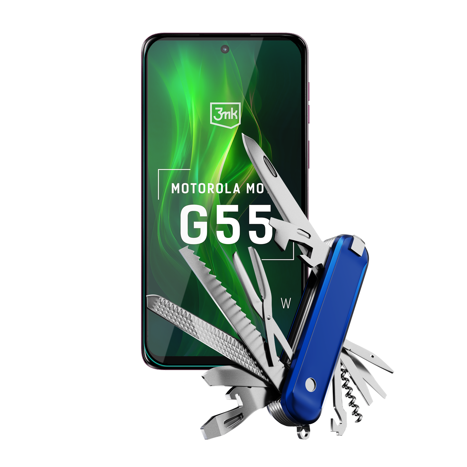 Un coltellino svizzero blu è di fronte a un telefono Motorola G55. Il telefono ha uno sfondo verde e bianco.