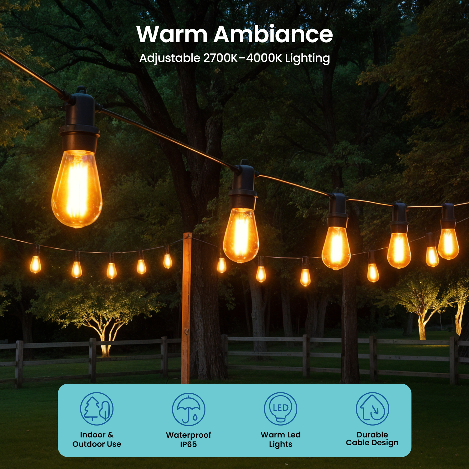 String lights illuminate a backyard. The image displays a row of warm-toned lights against a backdrop of trees and a fence.