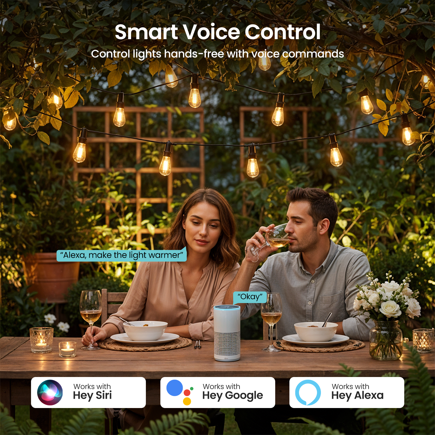 A couple is at a table with food and wine. Overhead, lights hang. Voice command prompts are displayed.