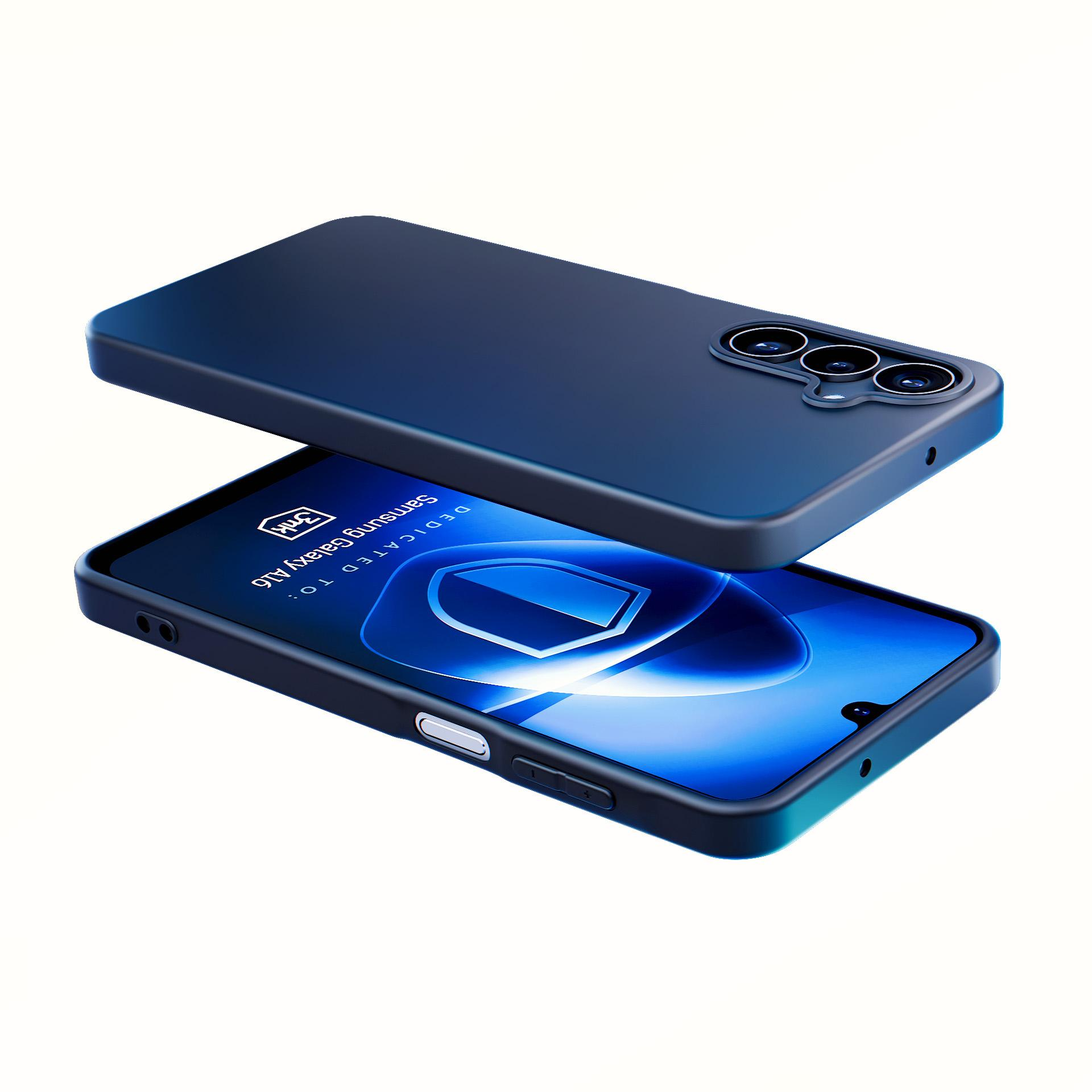 Una custodia per telefono blu scuro su sfondo bianco. La custodia è aperta, mostrando lo schermo del telefono.