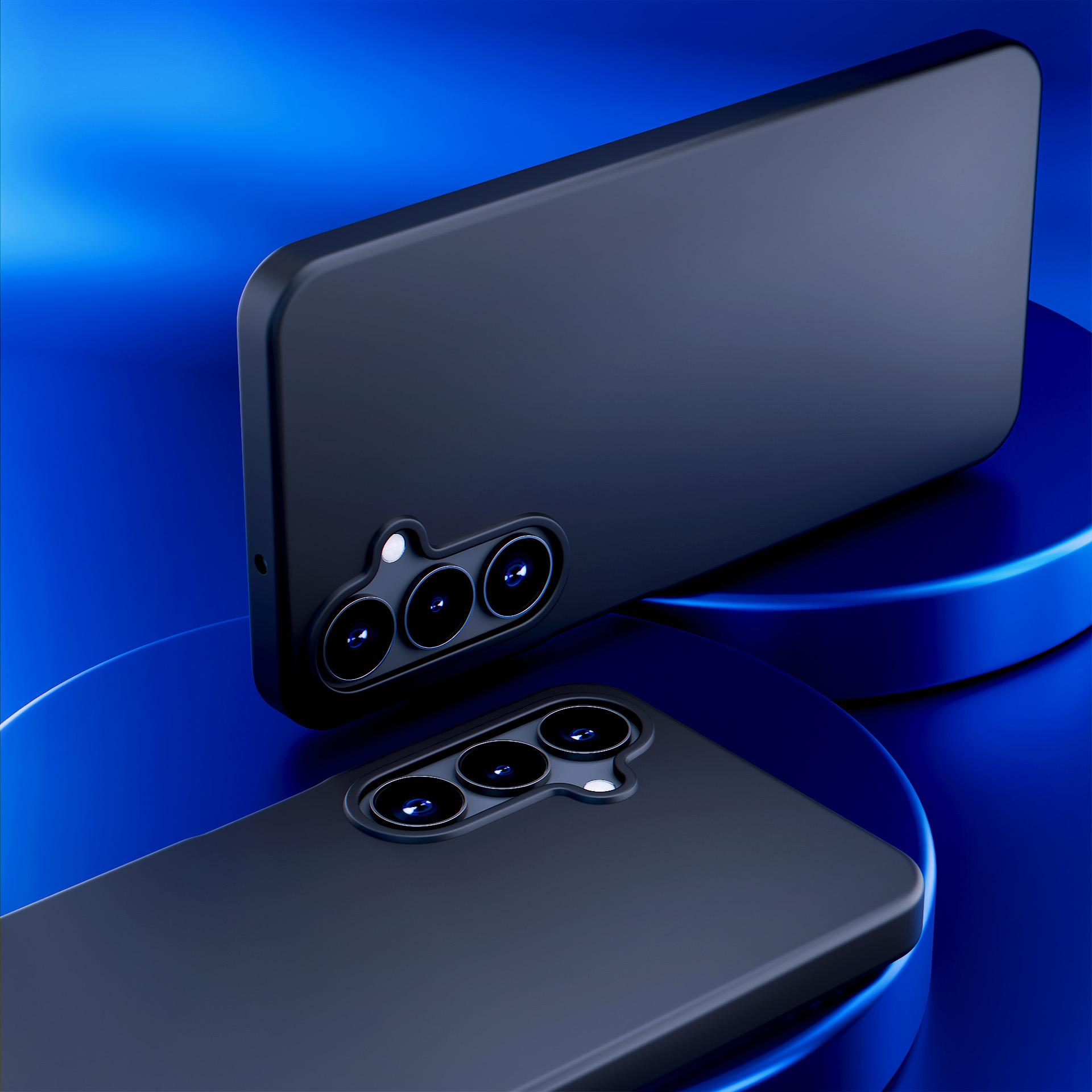 Due custodie nere per telefoni con moduli fotocamera su sfondo blu. Una custodia è a fuoco.