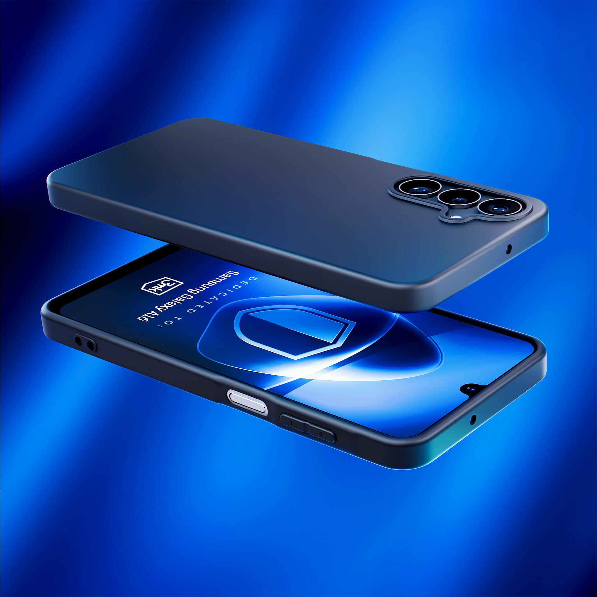 Mockup di custodia per telefono. Custodia blu scuro su sfondo sfumato blu. Schermo del telefono visibile. Tre fotocamere visibili.