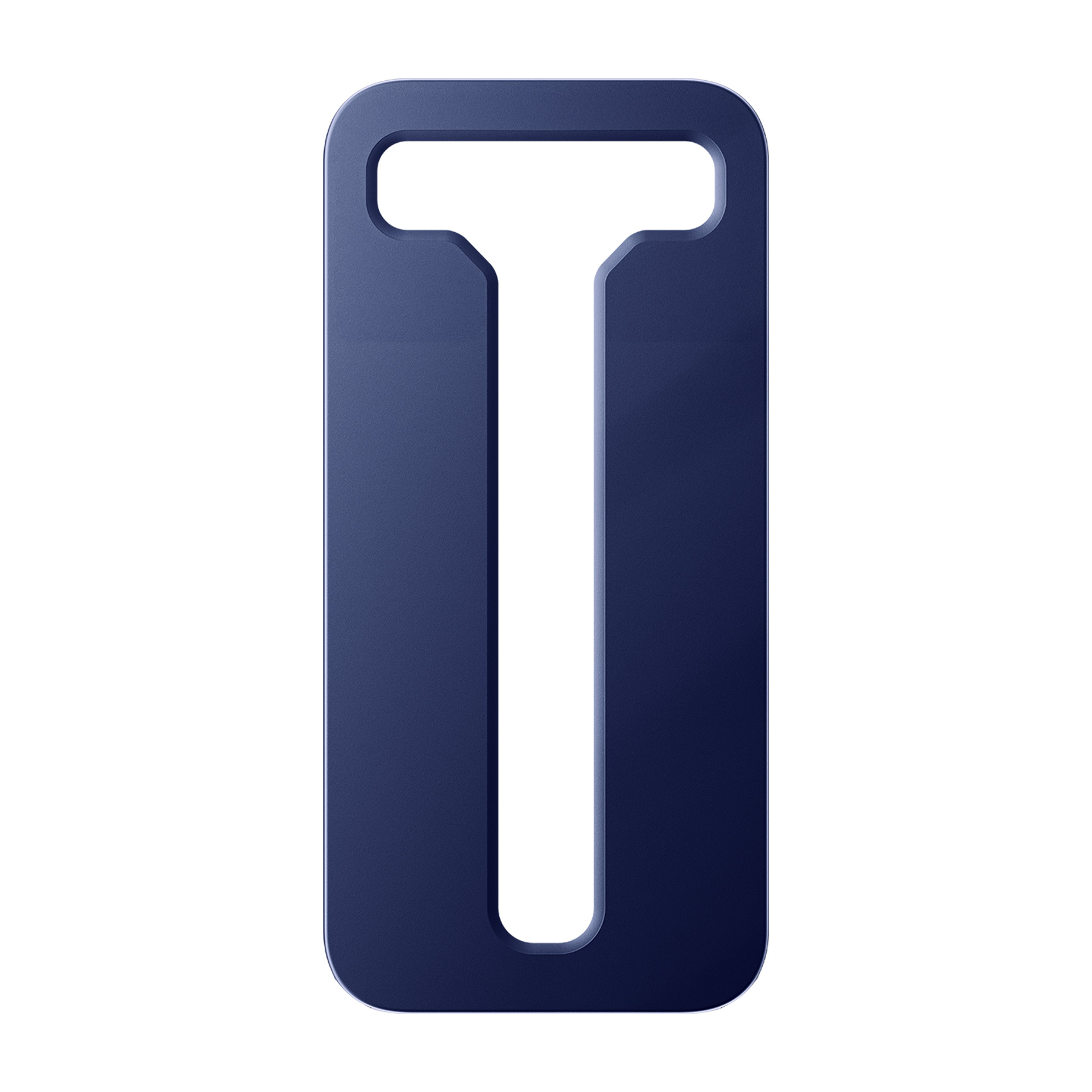 Una lettera T blu navy lucida, con parte superiore rettangolare e angoli arrotondati, su sfondo bianco.