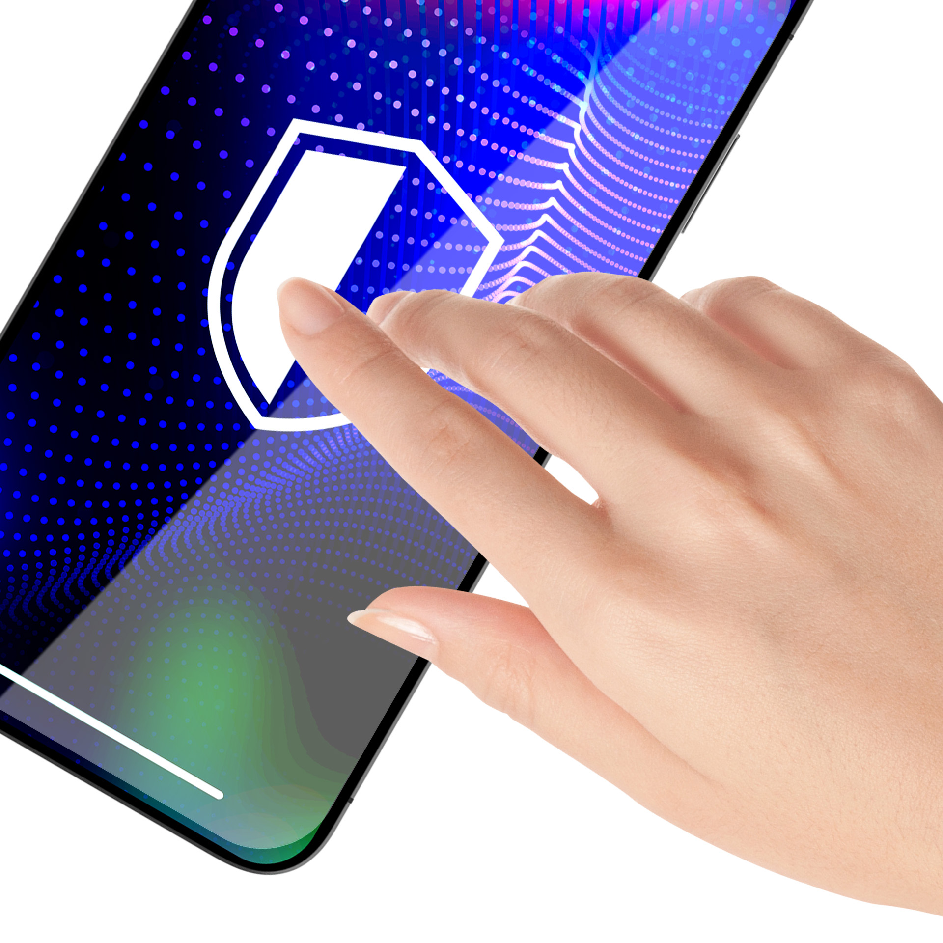 Mano che tocca lo schermo di un telefono che mostra un'icona a scudo. Lo sfondo è bianco. Lo schermo ha un design blu e verde.