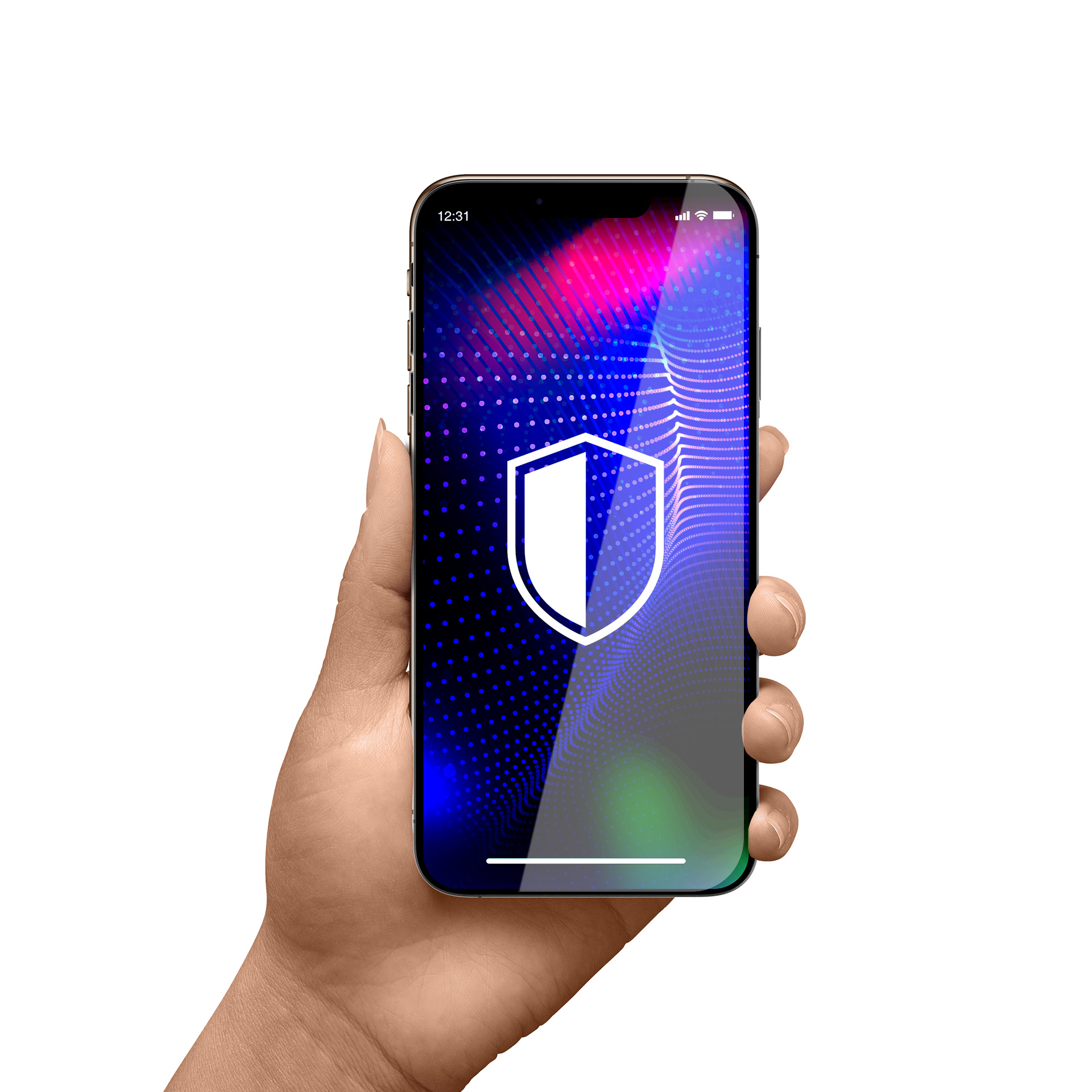 Una mano tiene un telefono. Lo schermo mostra un'icona di scudo bianco su sfondo blu e rosa.