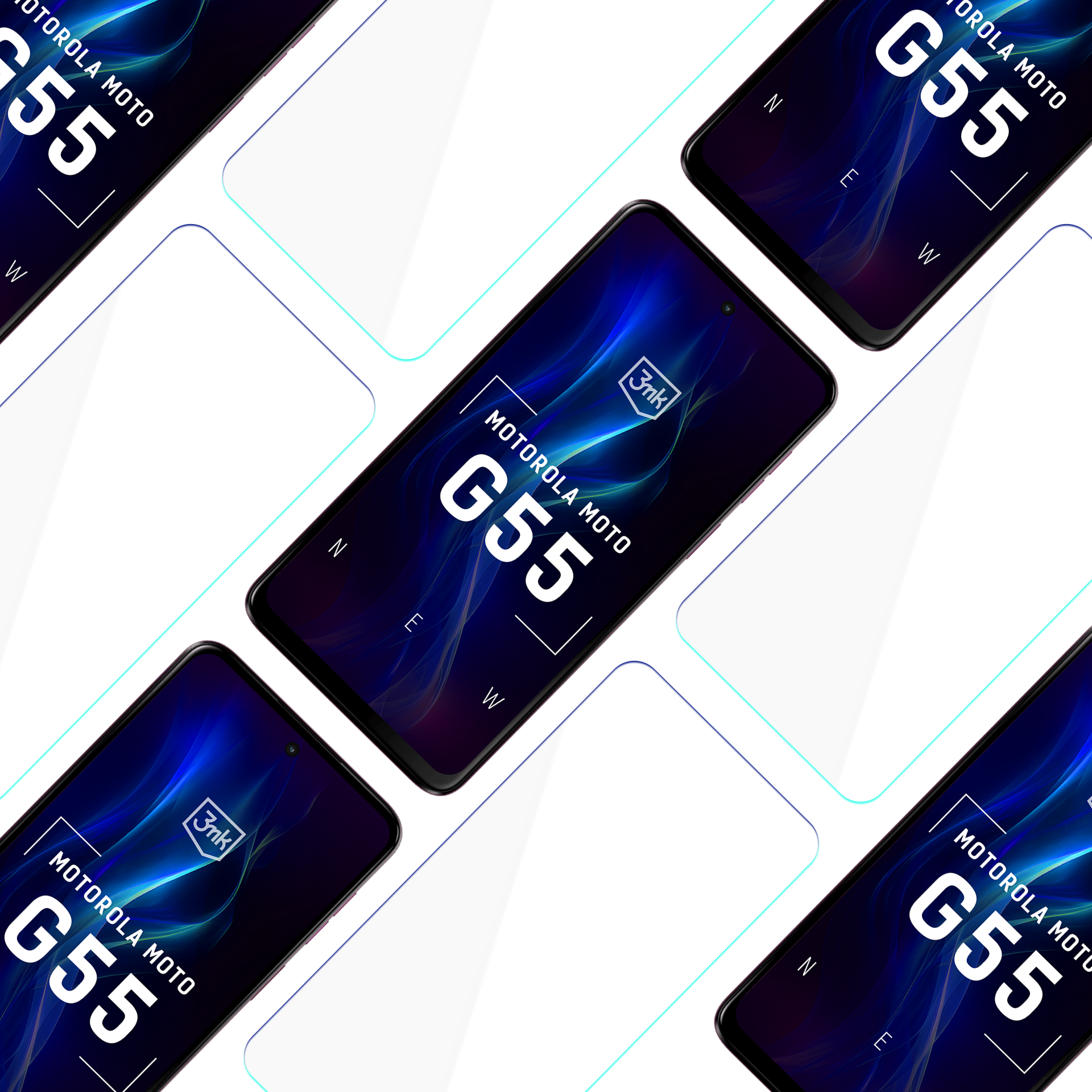 Telefony Motorola Moto G55 ułożone ukośnie. Każdy telefon wyświetla niebieski, abstrakcyjny wzór na białym tle.