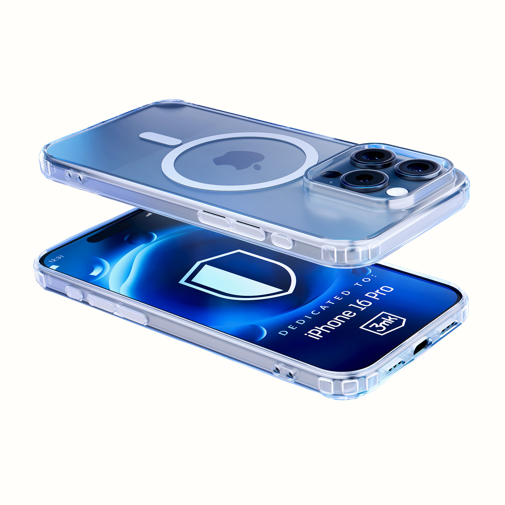 Due iPhone 16 Pro in custodie trasparenti. Gli schermi mostrano un design a scudo blu e testo.