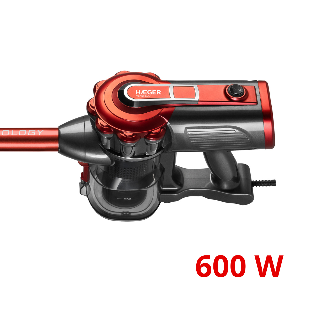 Czerwony i szary odkurzacz Häger. Posiada przycisk zasilania, przezroczysty pojemnik na kurz i tekst '600 W' na dole.