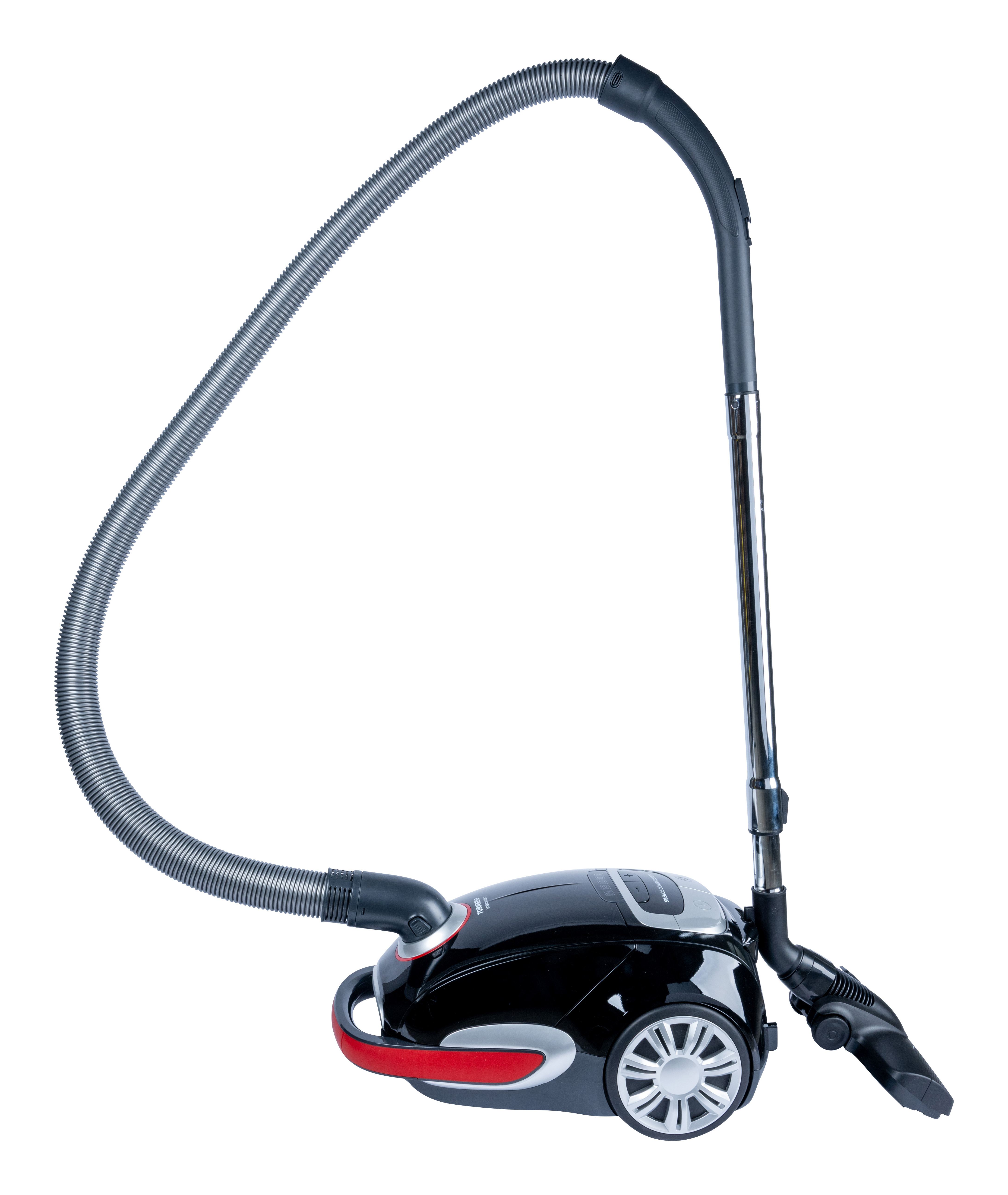 Czarny i czerwony odkurzacz ze srebrnym wężem i chromowanym uchwytem na białym tle.