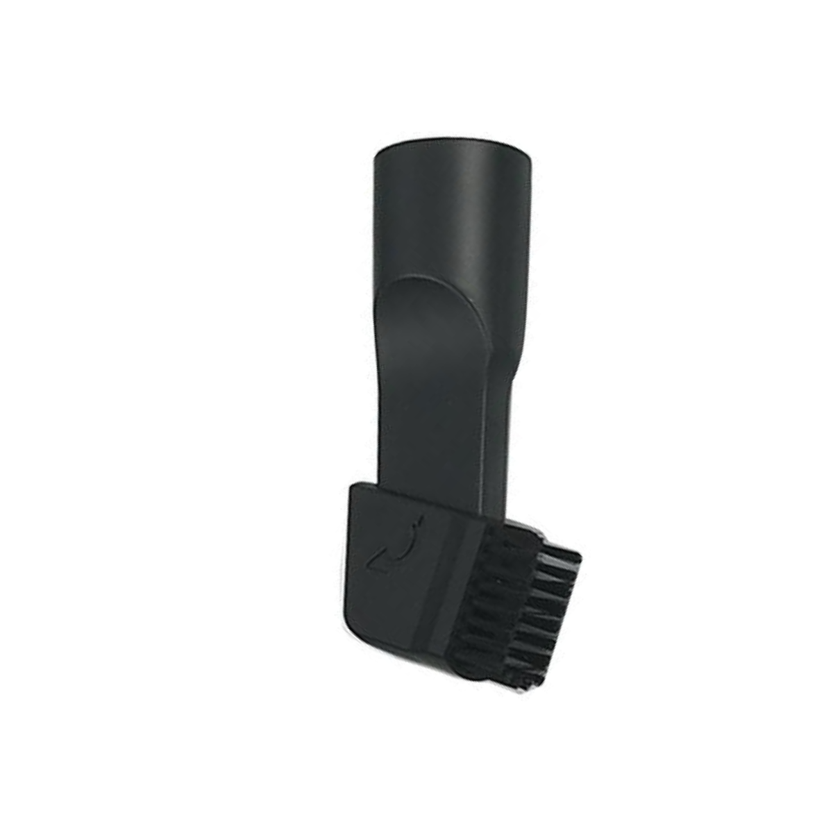 Czarny element mocujący do odkurzacza. Ma długą szyję, która łączy się z główką szczotki z włosiem, na białym tle.