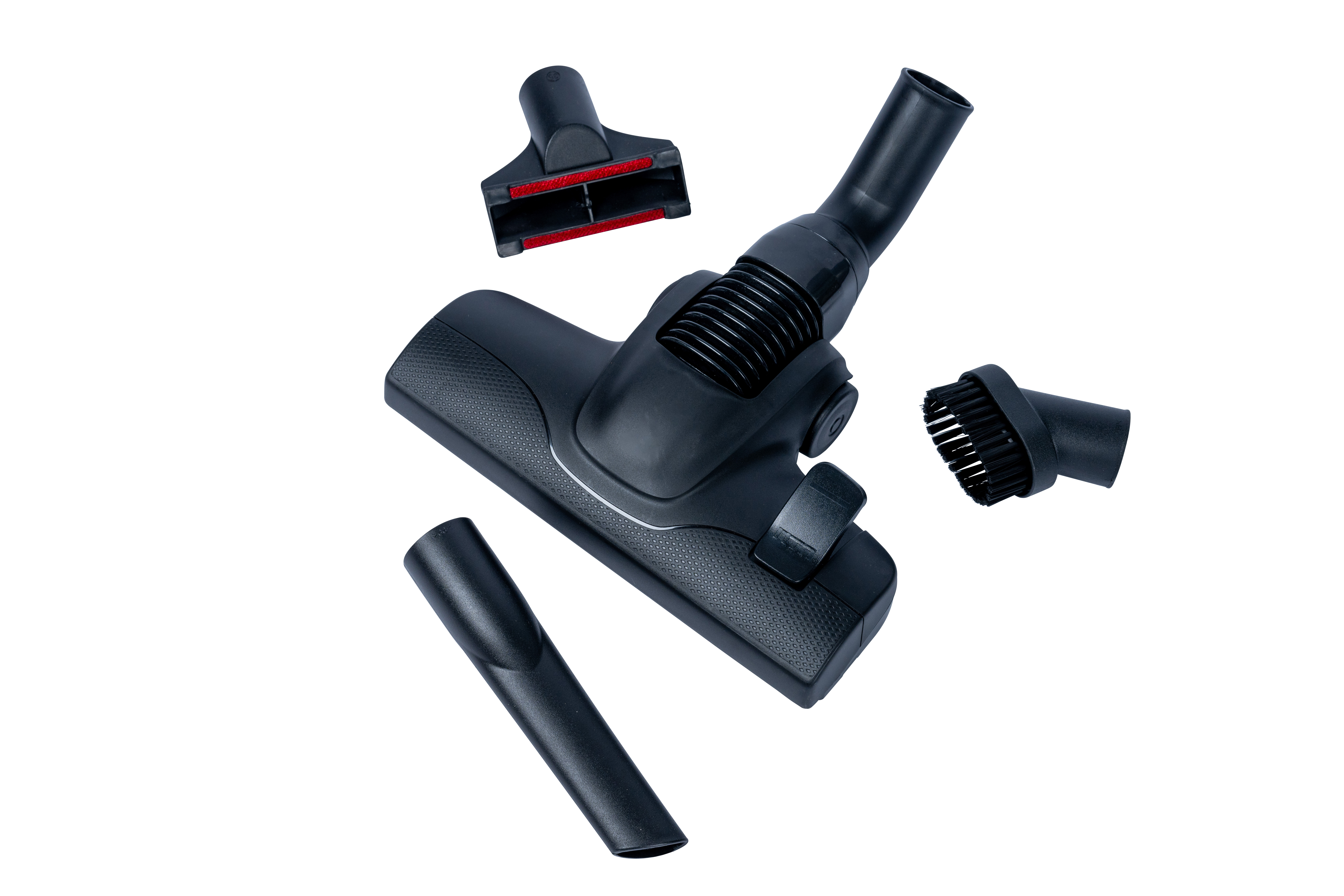 Zdemontowany czarny odkurzacz z kilkoma nasadkami. Części są rozłożone na białym tle.