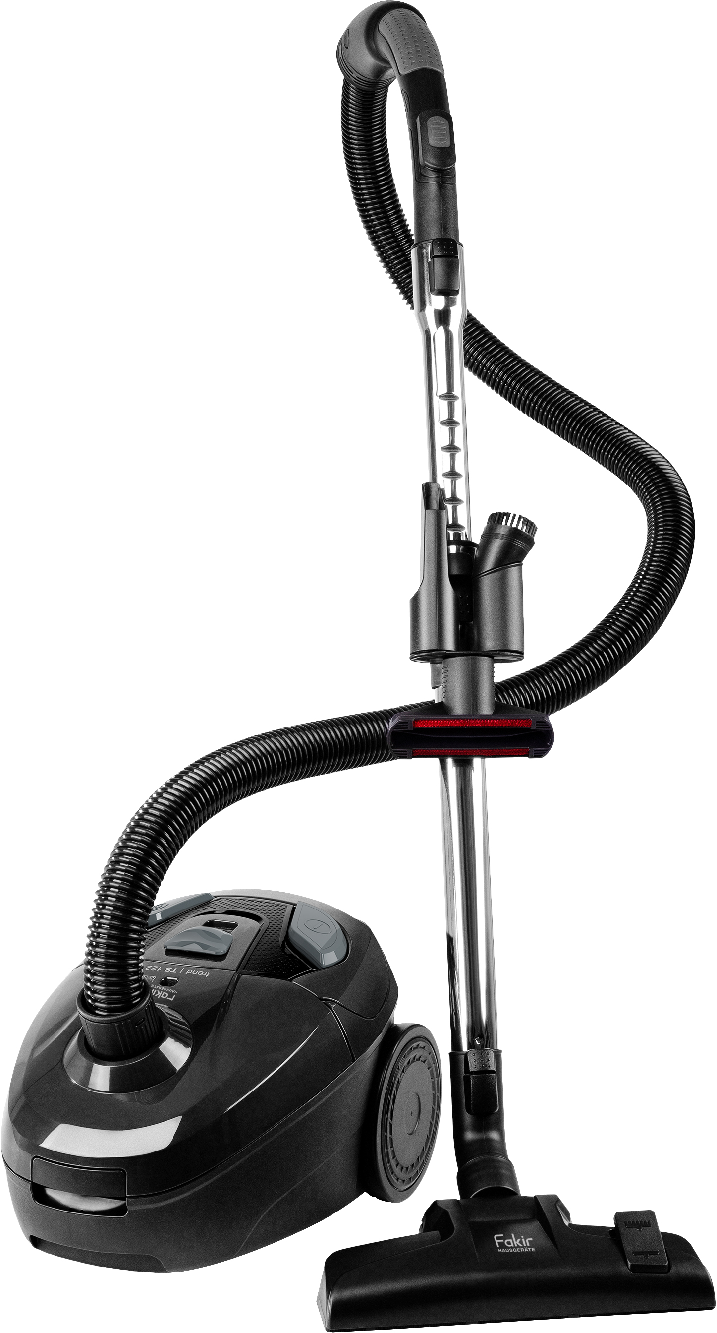 Czarny odkurzacz Fakir z elastycznym wężem i różnymi nasadkami. Ma zaokrąglony korpus i koła.