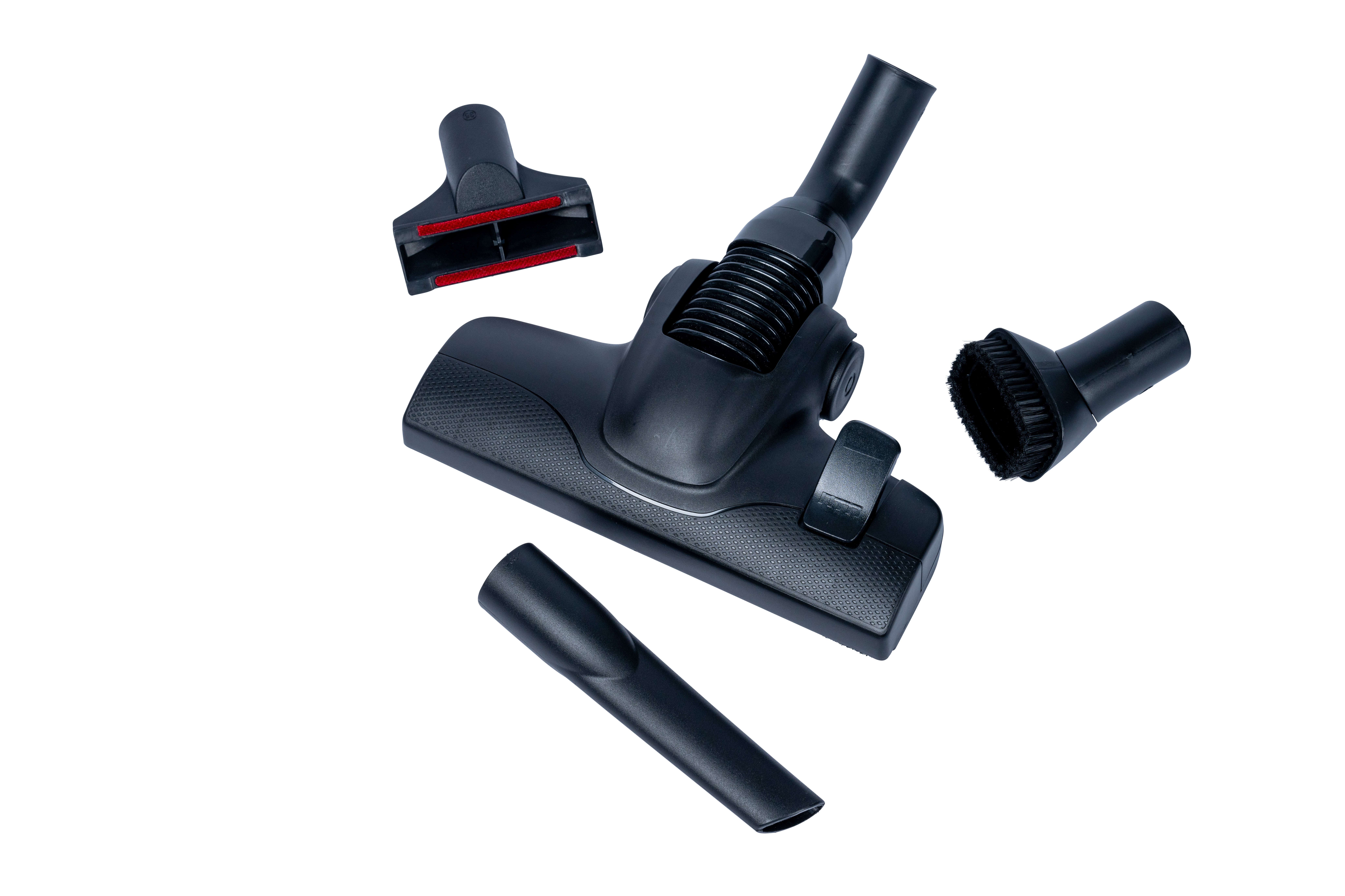 Czarne części odkurzacza na białym tle, w tym korpus, szczotka i nasadki dysz.