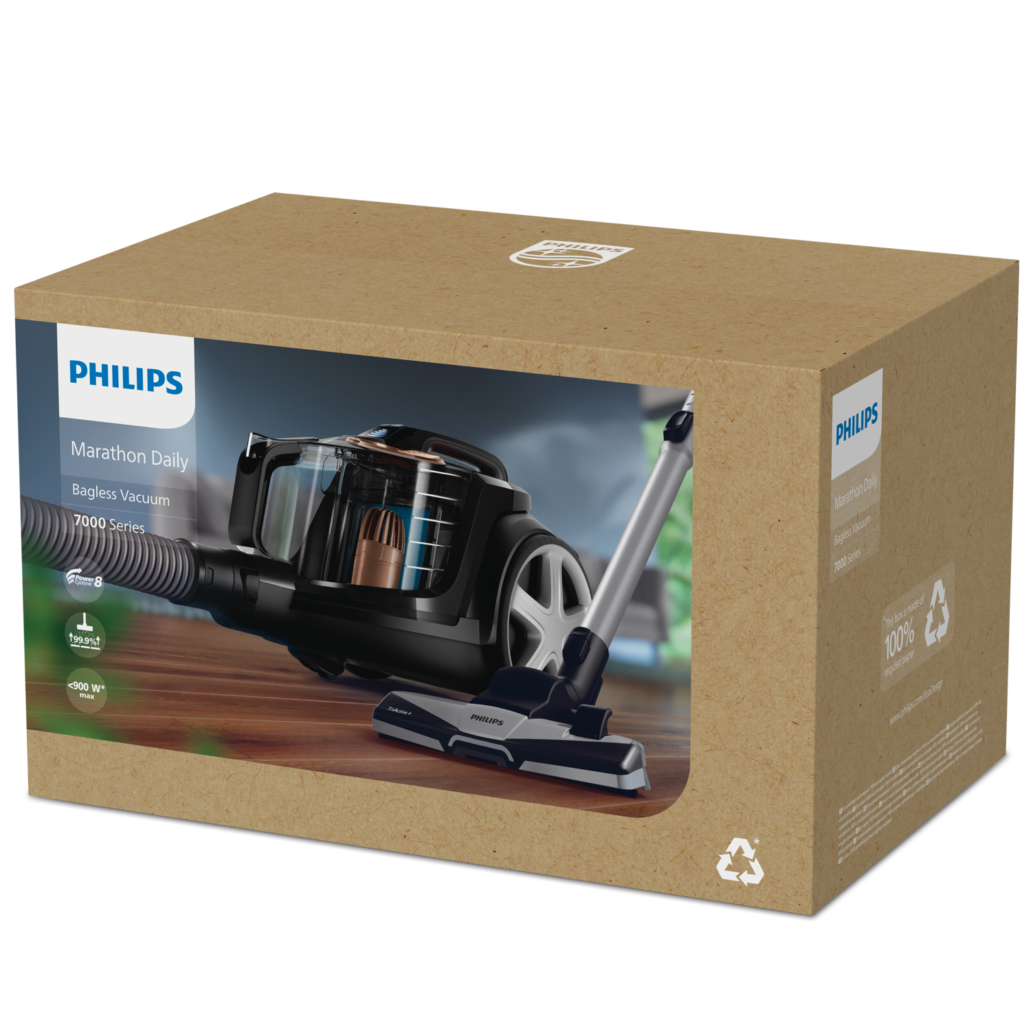 Philips Marathon Daily torbasız elektrikli süpürge karton kutusunda. Kutu, ürün bilgilerini ve süpürgenin bir fotoğrafını gösterir.