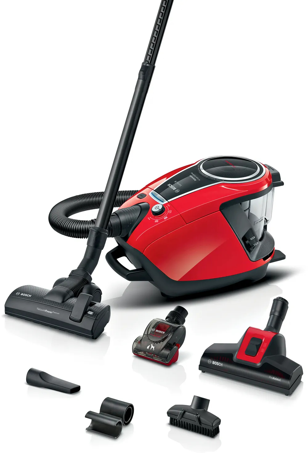 Un aspirapolvere Bosch rosso e nero con diversi accessori. L'aspirapolvere è su una superficie bianca.