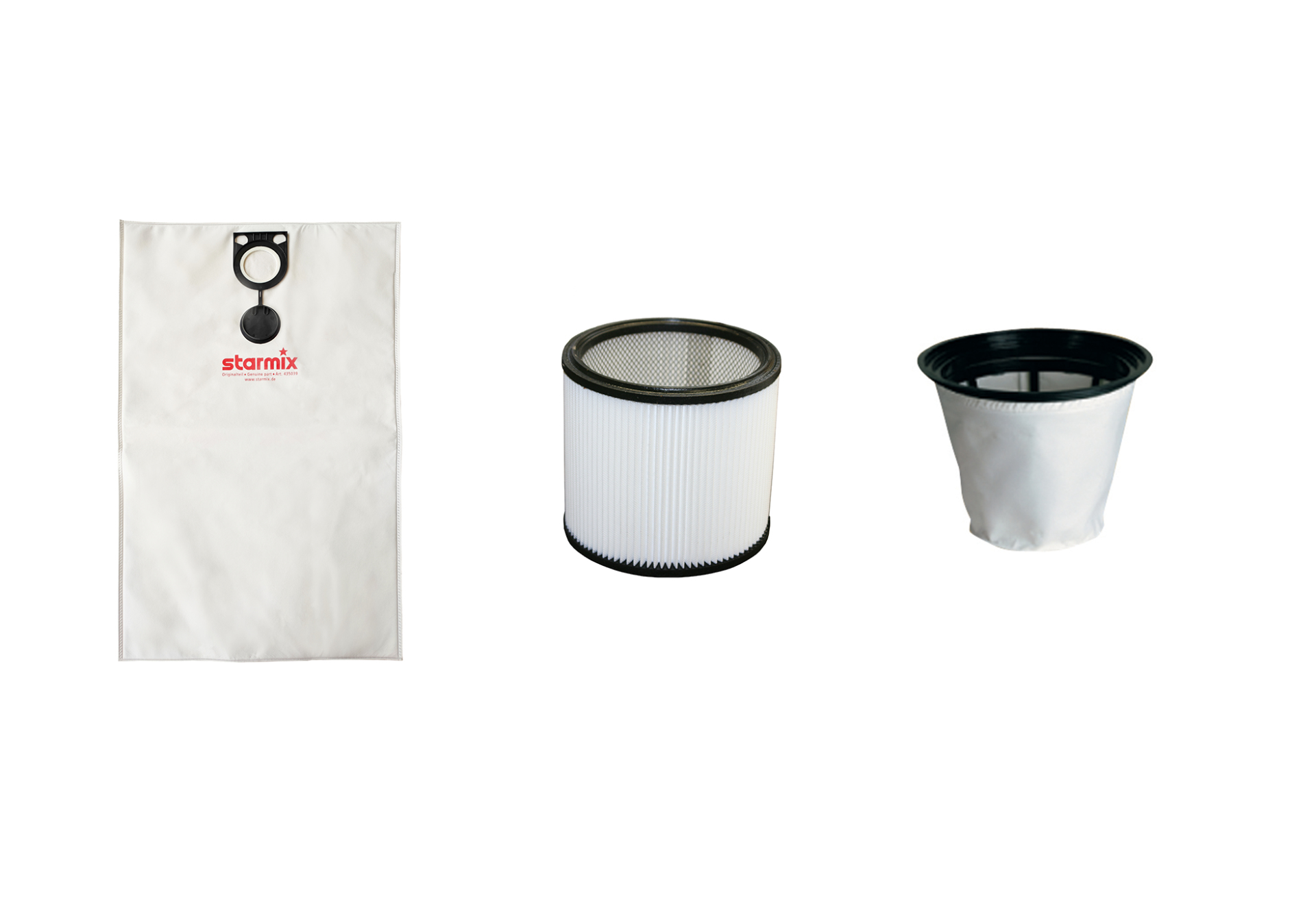 La imagen muestra tres partes de una aspiradora: una bolsa blanca, un filtro plisado y una bolsa de filtro blanca con borde negro.